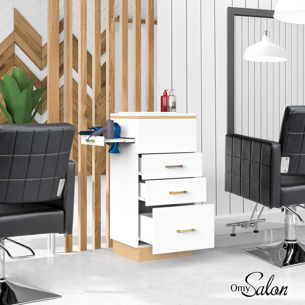 OmySalon Estación de Almacenamiento para Salones – Mueble de Peluquería con 3 Cajones, Compartimento de Almacenamiento y 3 Soportes para Secadores – Color Oro Blanco