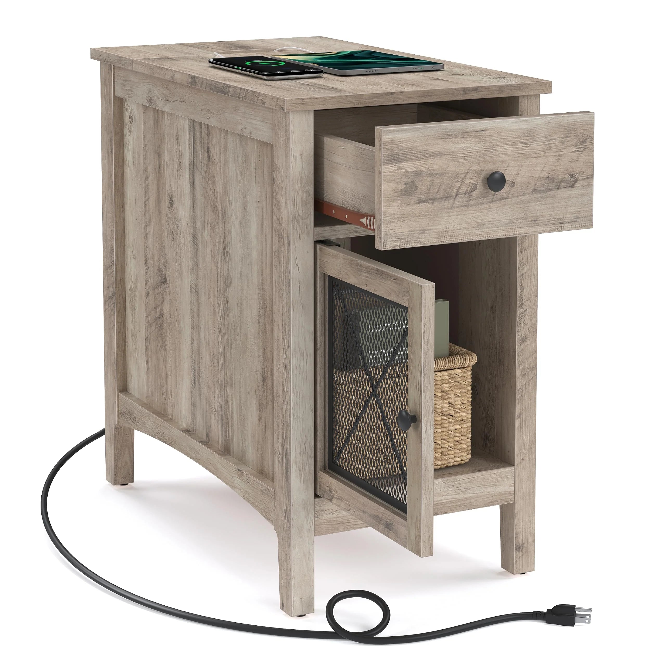 Mesa Auxiliar con Almacenamiento, Mesita de Noche con Puertos USB y Tomas de Corriente, Estación de Carga con Cajón, Armario y Revistero, para Sala y Dormitorio, Color Greige