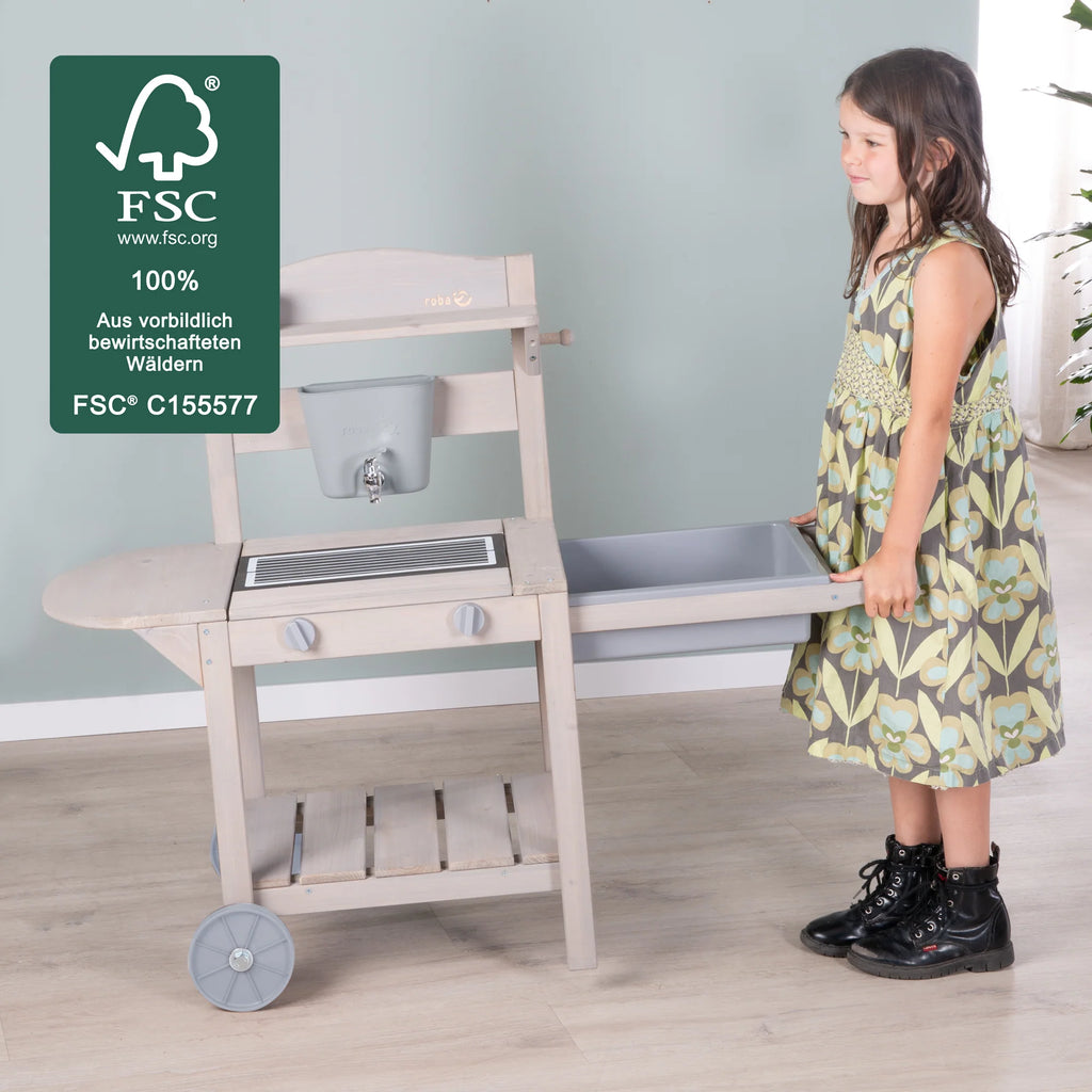 Cocina móvil de juego y barro con BBQ para niños - Madera certificada FSC - Acabado en gris grabado