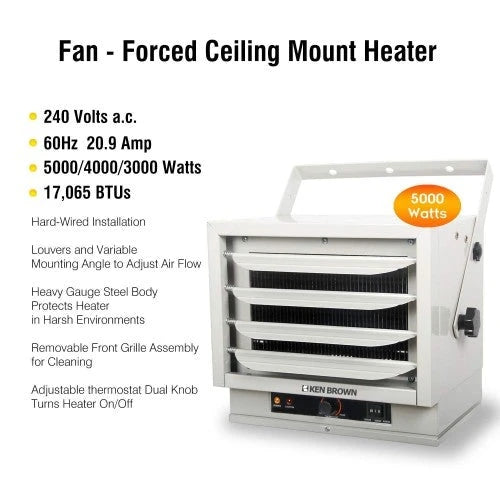 Calefactor de Techo con Ventilador Forzado KEN BROWN de 3000/4000/5000W con Controles de Perilla Doble para Garaje, Taller, Almacén o Área de Almacenamiento, Certificación de Seguridad ETL