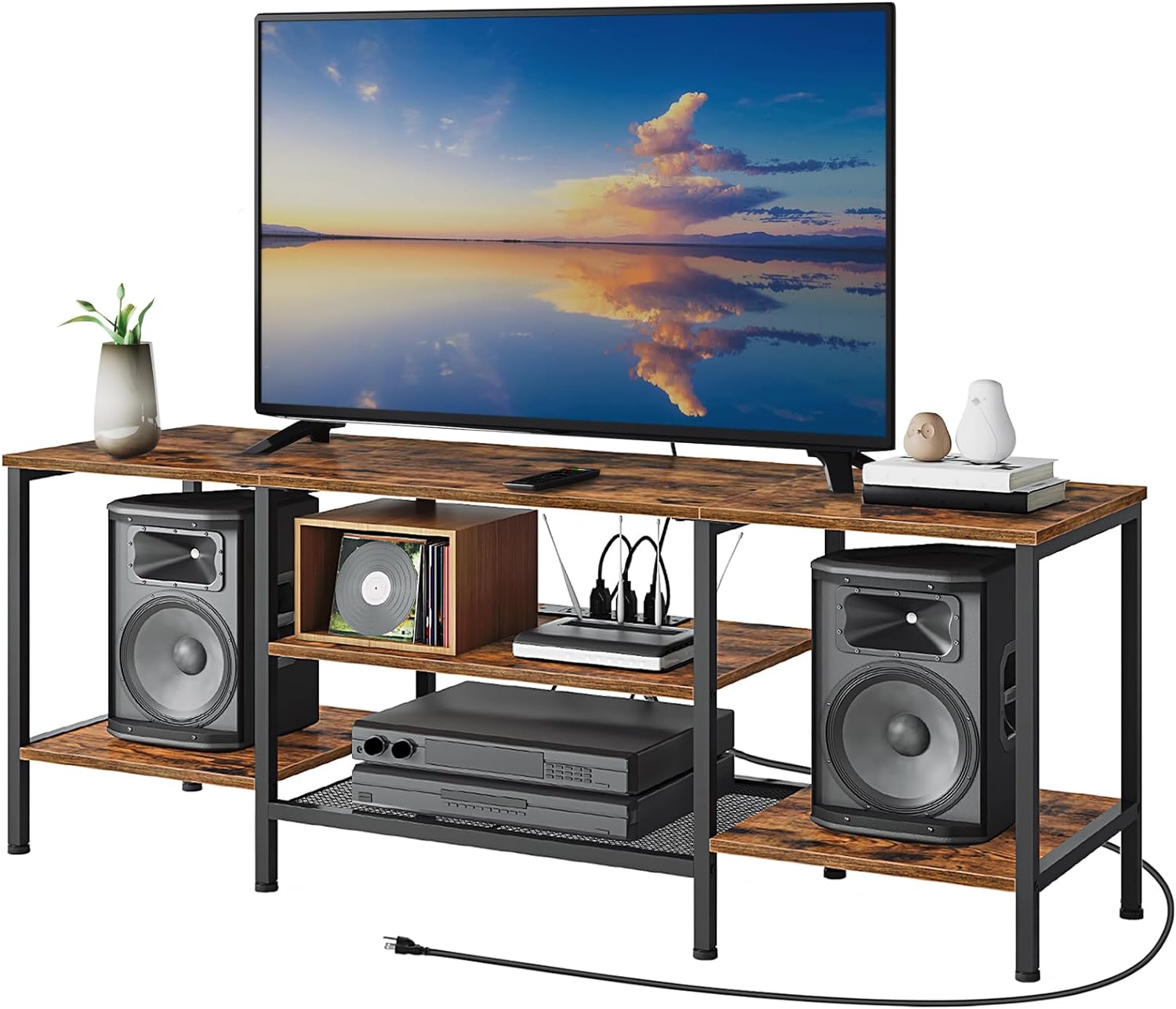 Mueble para TV con Enchufes Integrados para TVs de hasta 75 Pulgadas, Mesa Consola con Estantes Abiertos, Centro de Entretenimiento Industrial para Sala o Dormitorio, Color Marrón Rústico y Negro BF60DS01