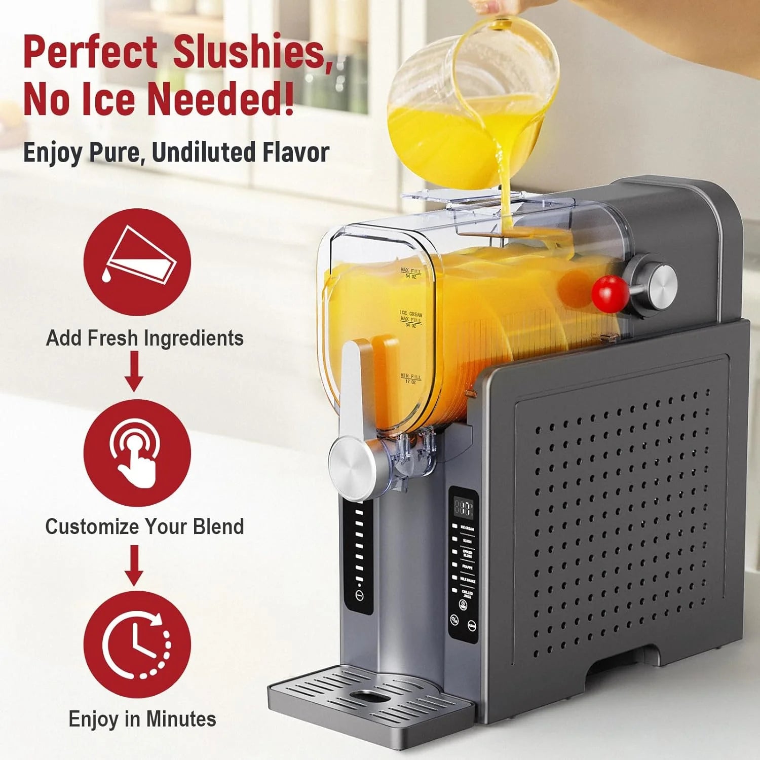 2025 Máquina para granizados UJR – Slushy Maker todo en uno sin hielo, con pantalla de temperatura en tiempo real, autolimpieza y 6 modos preestablecidos | Margaritas, cócteles, frappés, helados, smoothies, batidos
