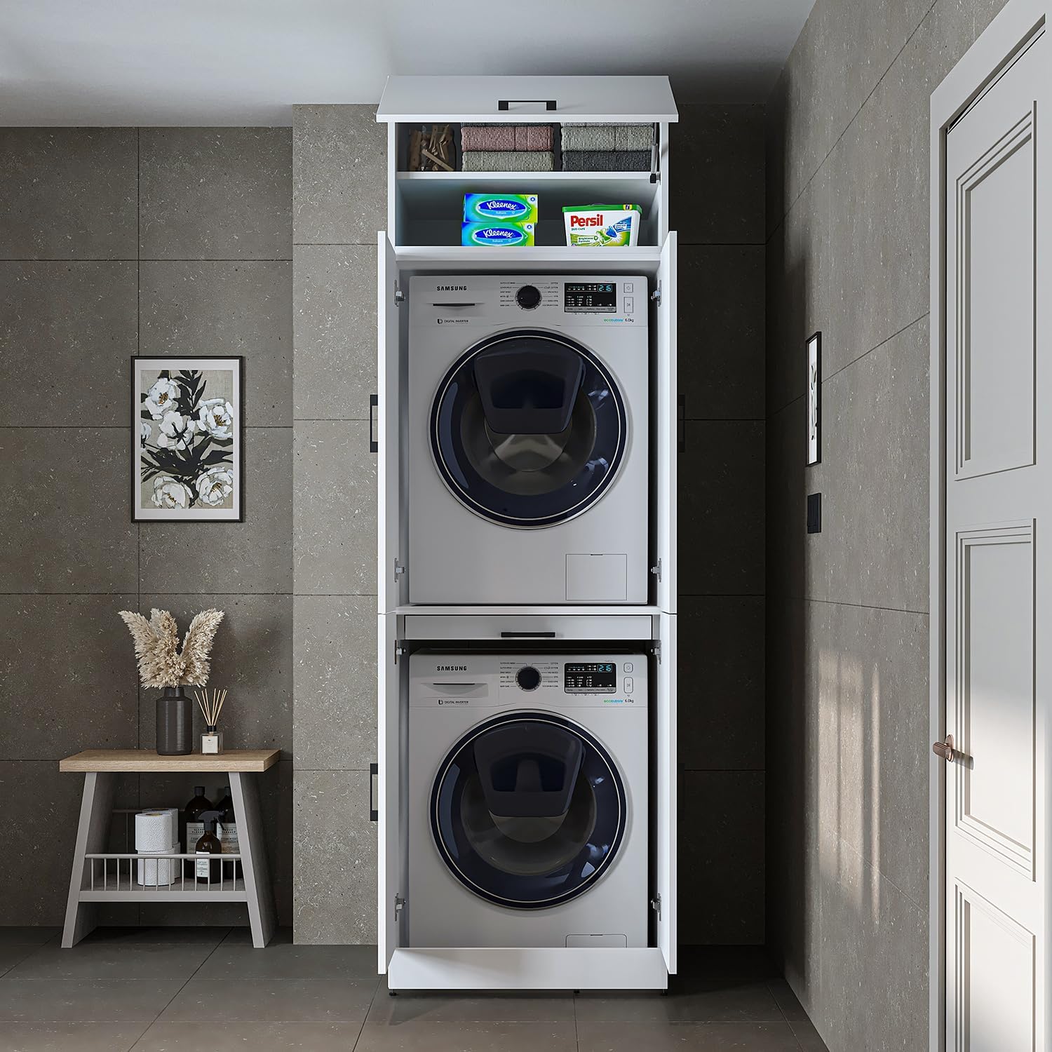 Dora - Armario para lavadora y secadora en 4 colores, con puertas y mesa extensible (blanco, altura 230 cm)