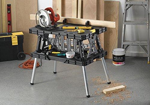 Keter – Mesa de Trabajo Plegable para Banco de Sierra de Ingletes, Herramientas y Accesorios de Carpintería con Abrazaderas de Madera de 12 Pulgadas Incluidas – Almacenamiento Fácil para el Garaje, Negro/Amarillo