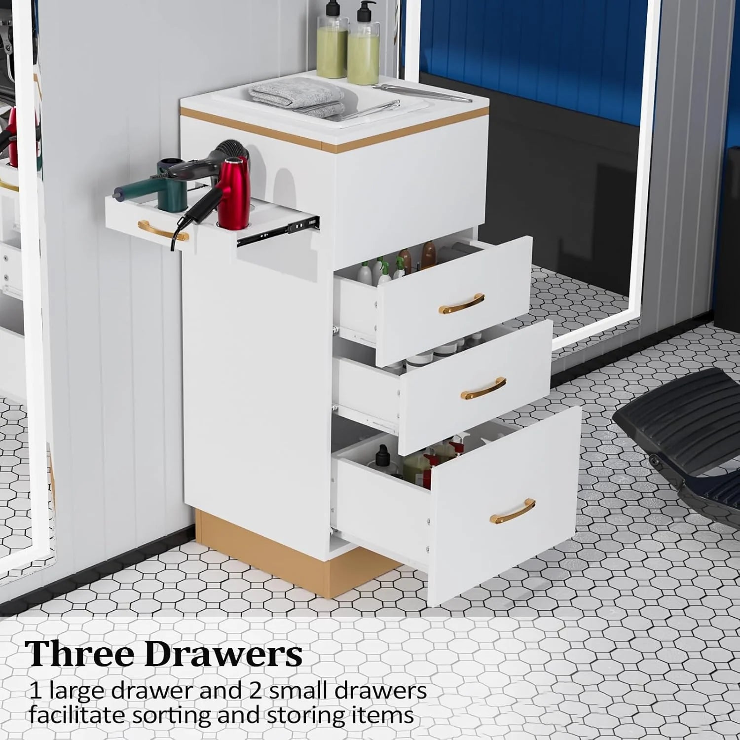 OmySalon Estación de Almacenamiento para Salones – Mueble de Peluquería con 3 Cajones, Compartimento de Almacenamiento y 3 Soportes para Secadores – Color Oro Blanco