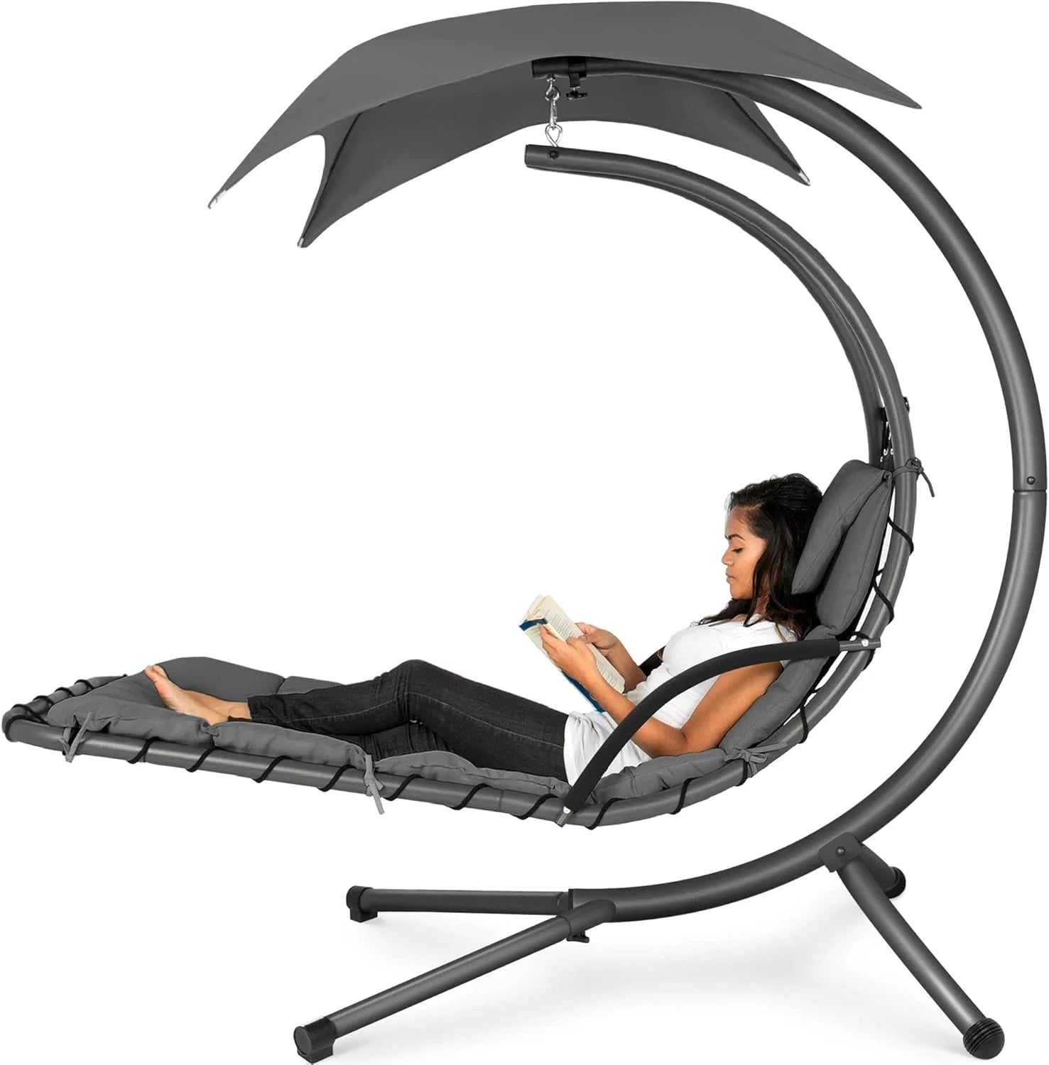 Chaise Longue Suspendue de Exterior Best Choice Products – Silla Balancín Curvada de Acero con Cojín Integrado y Toldo Desmontable – Gris Carbón