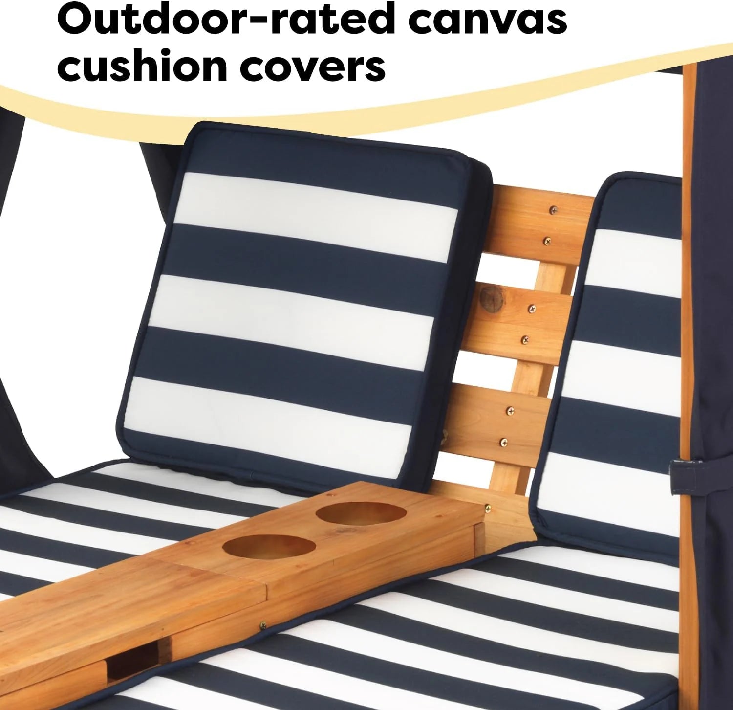 Tumbona Doble de Madera para Niños KidKraft con Porta Vasos, Muebles de Jardín para Niños, Color Miel con Tela a Rayas Azul Marino y Blanco, Regalo para Niños de 3 a 8 Años