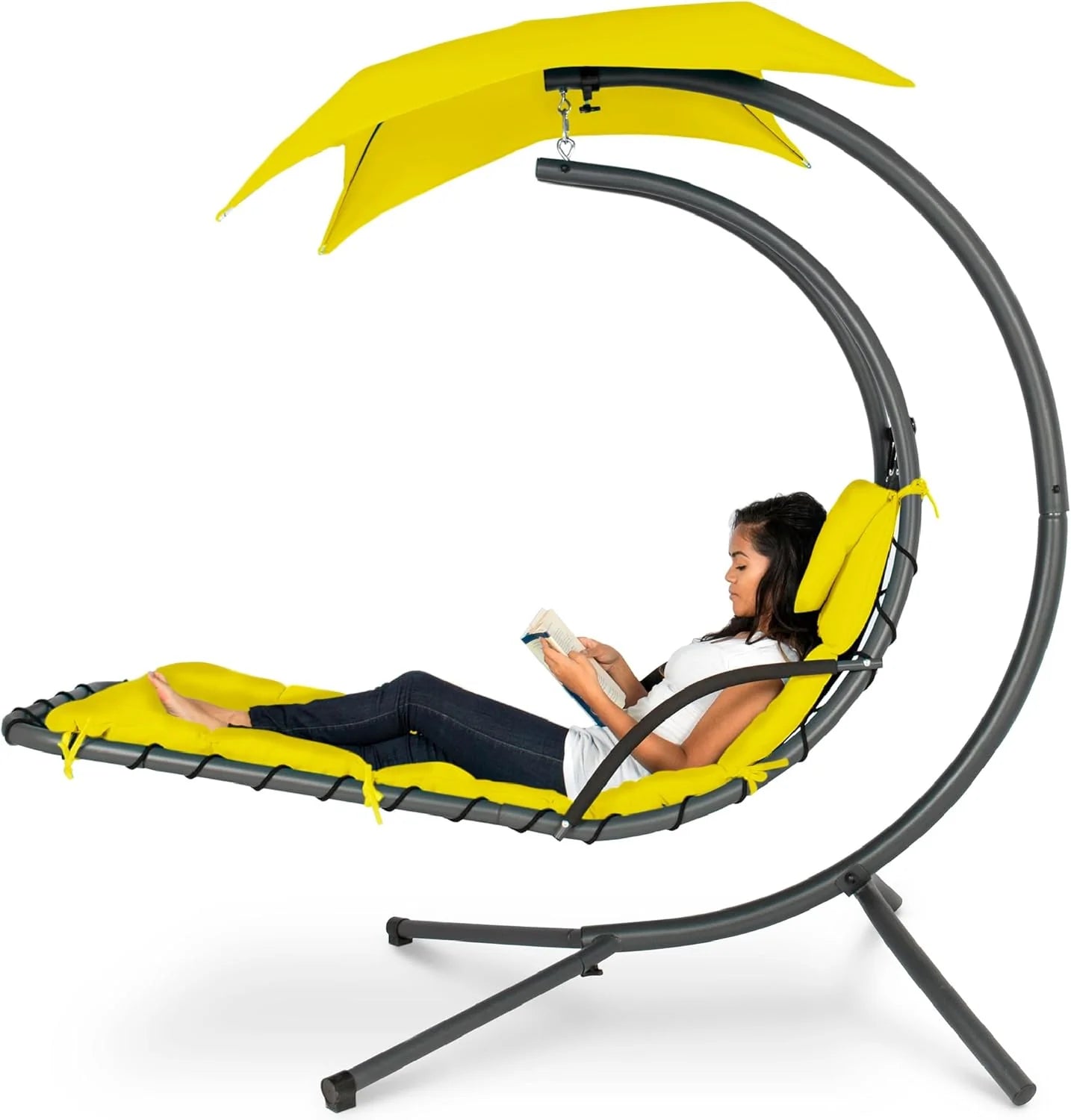 Chaise Longue Suspendue de Exterior Best Choice Products – Silla Balancín Curvada de Acero con Cojín Integrado y Toldo Desmontable – Gris Carbón
