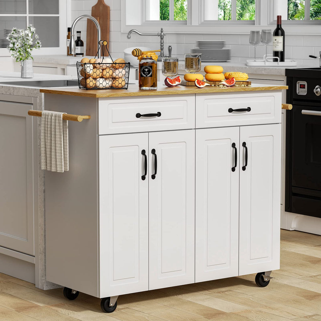 4 EVER WINNER Isla de Cocina Blanca con Almacenamiento sobre Ruedas, Carrito de Cocina Móvil con 2 Cajones y 4 Gabinetes de Almacenaje, Encimera de Madera, Barras para Toallas, Estantes Ajustables