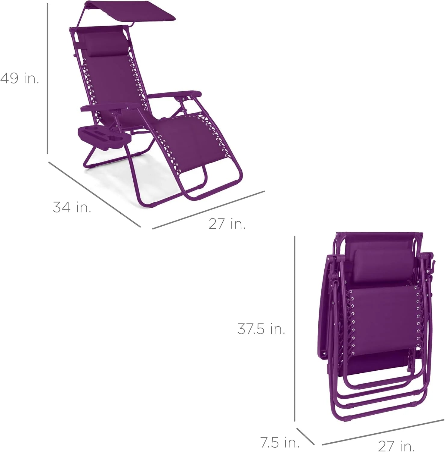 Best Choice Products – Silla Reclinable de Patio con Gravedad Cero, Ajustable y Plegable para Exteriores con Dosel, Almohada Cervical y Bandeja Lateral, Textileno – Azul Pavo Real