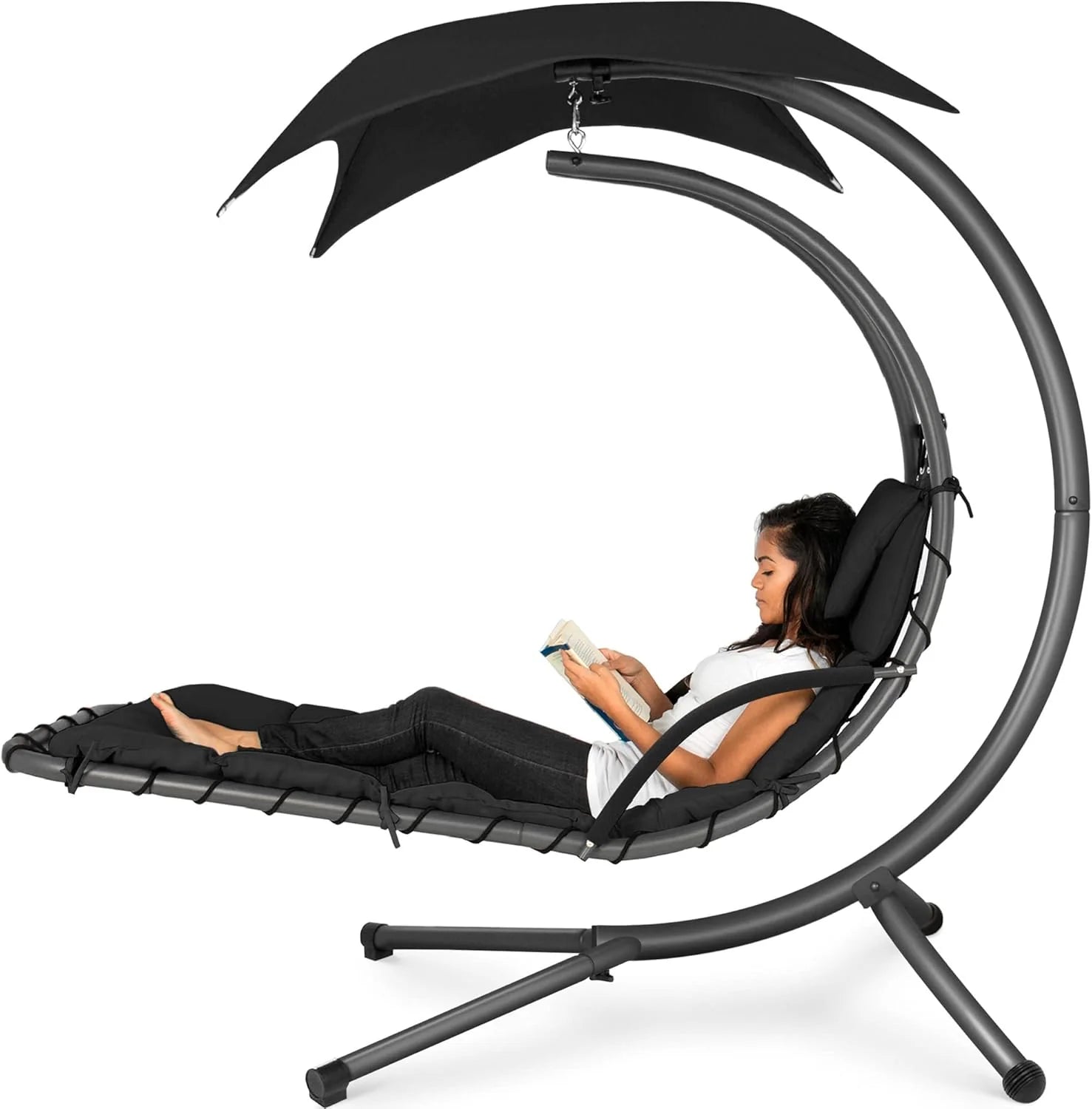 Chaise Longue Suspendue de Exterior Best Choice Products – Silla Balancín Curvada de Acero con Cojín Integrado y Toldo Desmontable – Gris Carbón