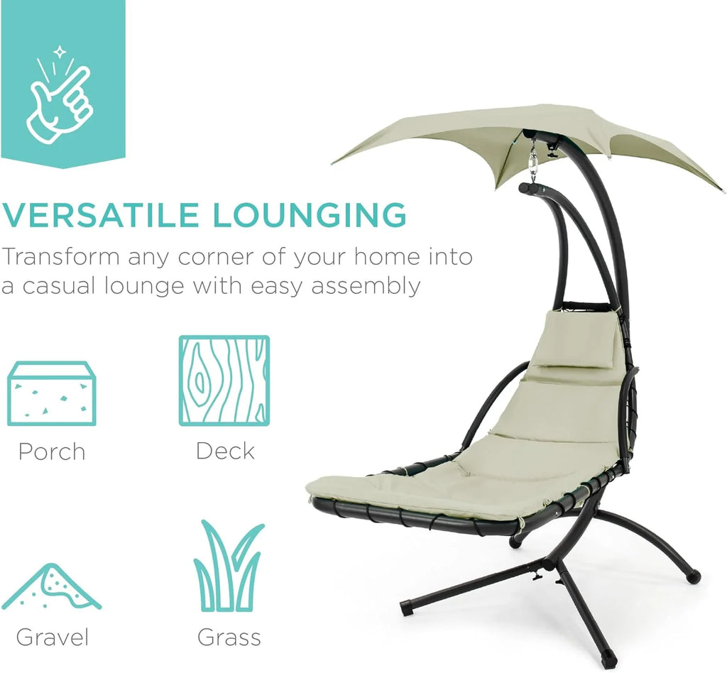Chaise Longue Suspendue de Exterior Best Choice Products – Silla Balancín Curvada de Acero con Cojín Integrado y Toldo Desmontable – Gris Carbón