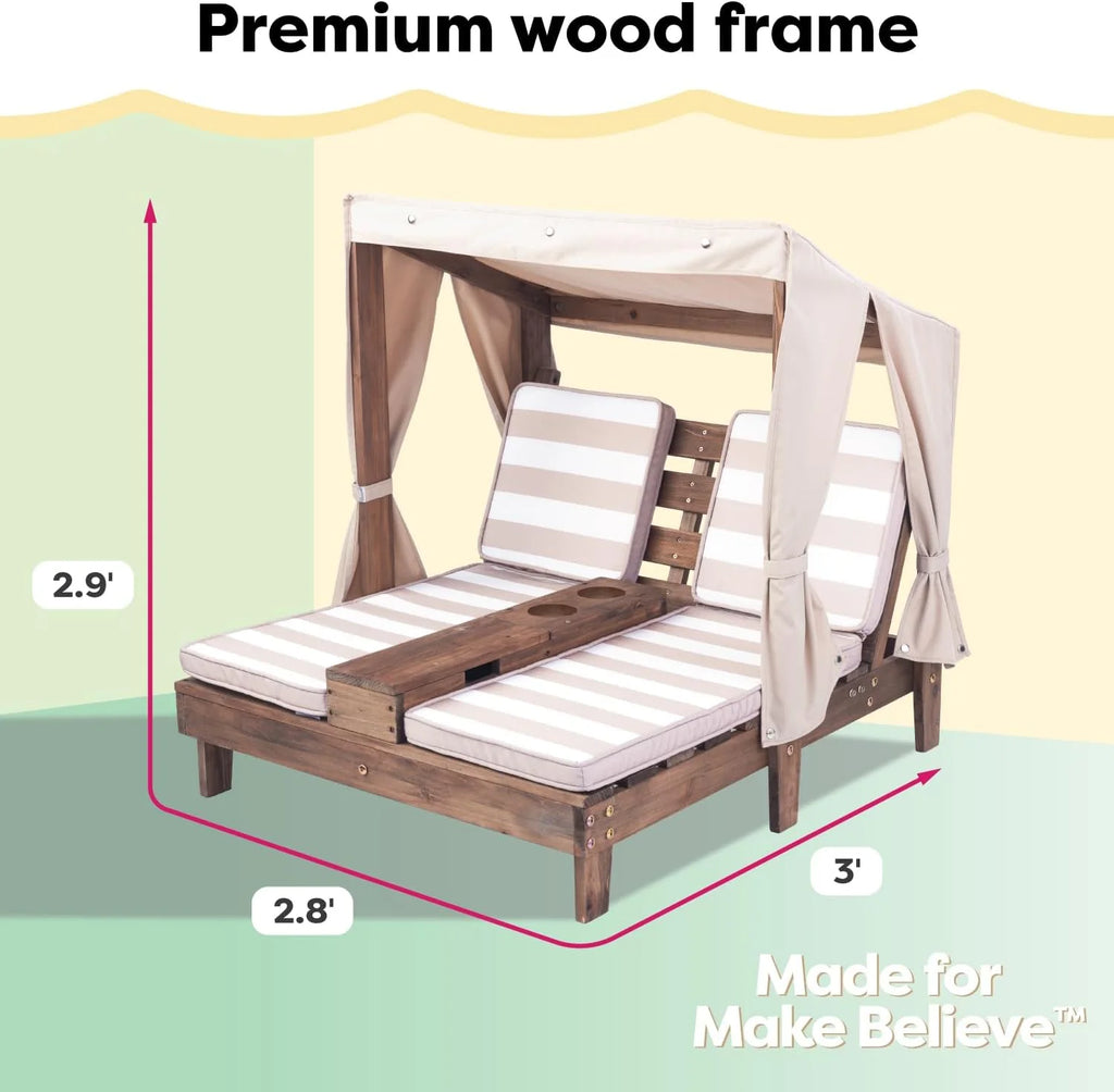 Tumbona Doble de Madera para Niños KidKraft con Porta Vasos, Muebles de Jardín para Niños, Color Miel con Tela a Rayas Azul Marino y Blanco, Regalo para Niños de 3 a 8 Años