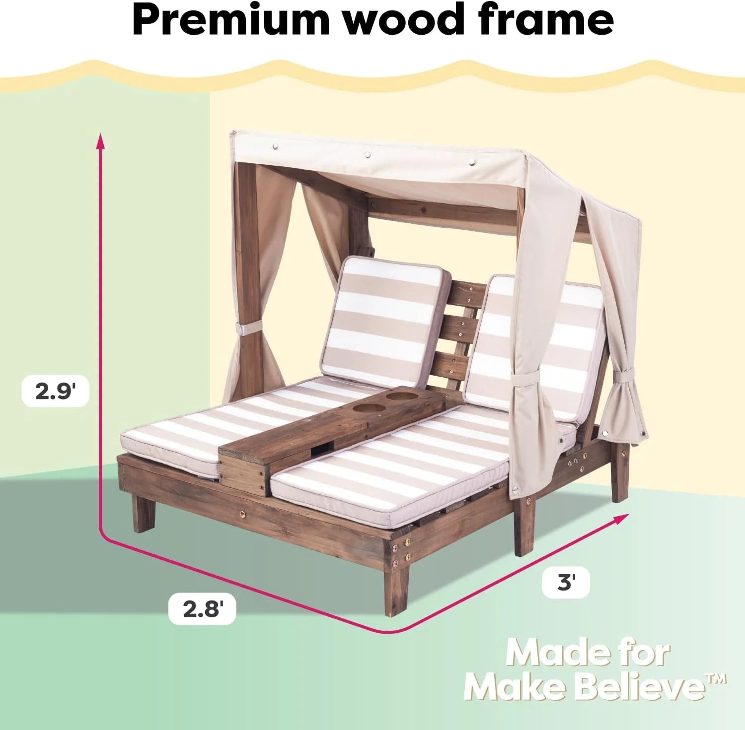 Tumbona Doble de Madera para Niños KidKraft con Porta Vasos, Muebles de Jardín para Niños, Color Miel con Tela a Rayas Azul Marino y Blanco, Regalo para Niños de 3 a 8 Años