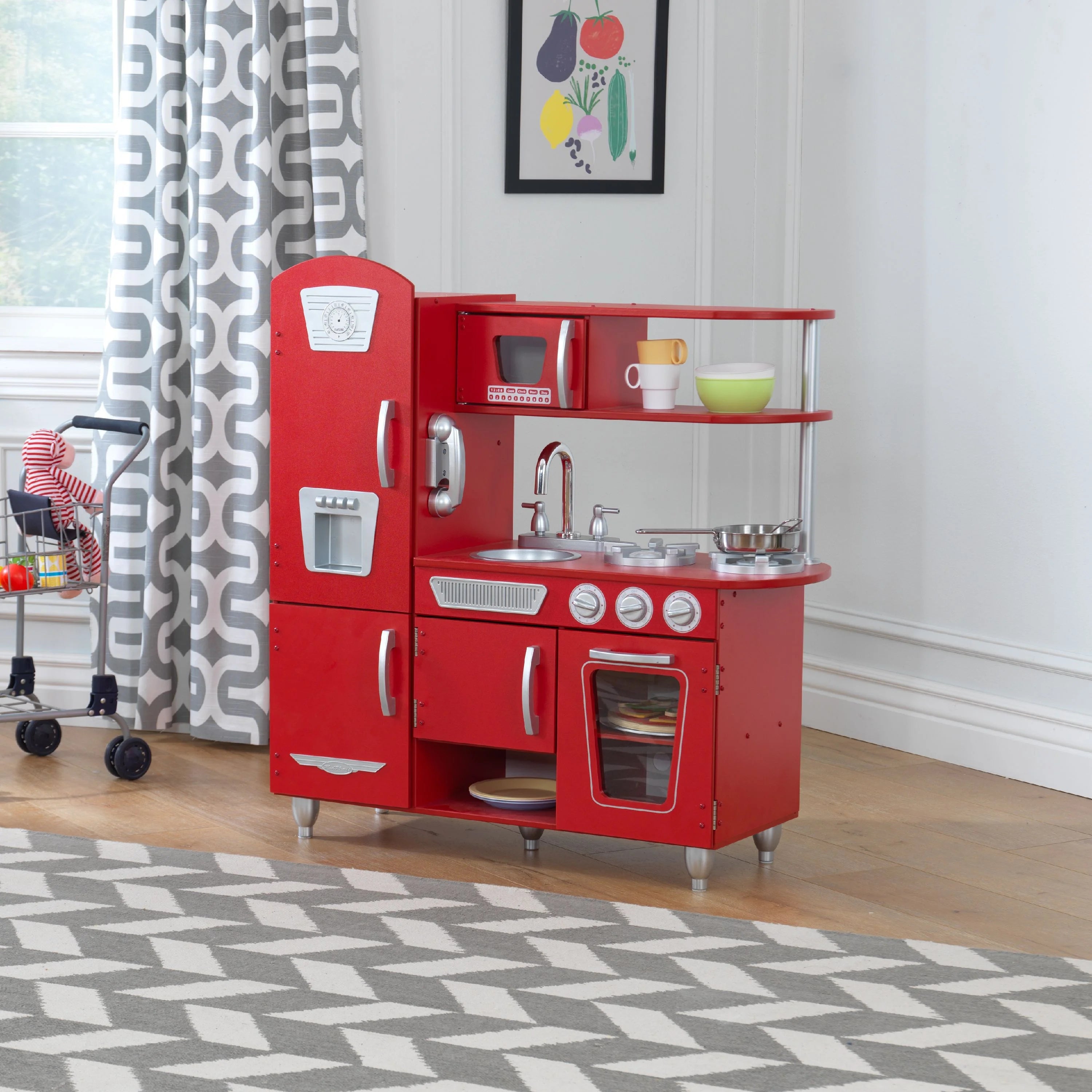 2025 Cocina de Juguete KidKraft Vintage Roja de Madera con Teléfono de Juguete