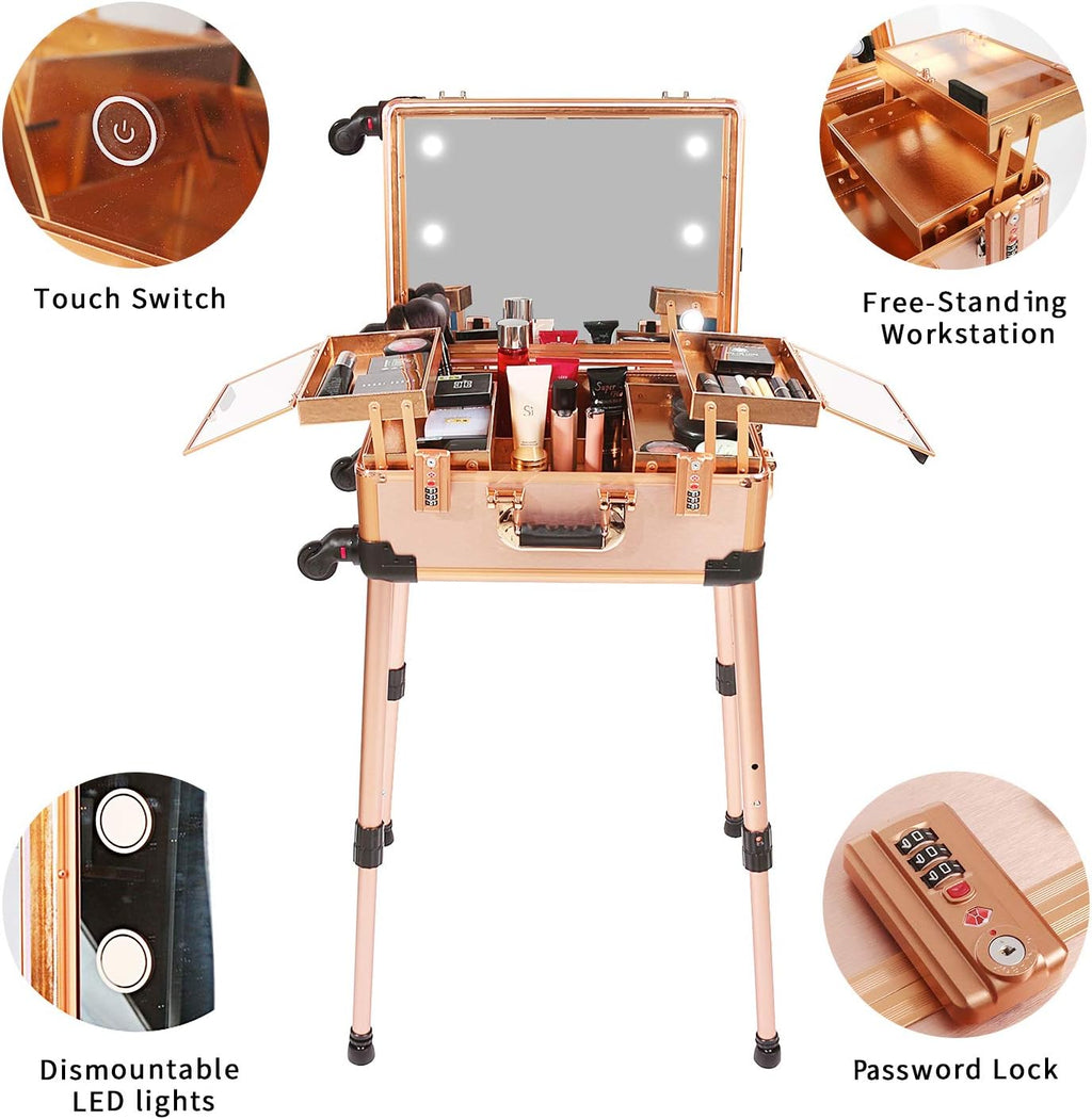 Maletín mediano para maquillaje con cerradura de código, espejo iluminado, altavoz, organizador de cosméticos de viaje, trolley profesional para artistas, estuche independiente para estudio