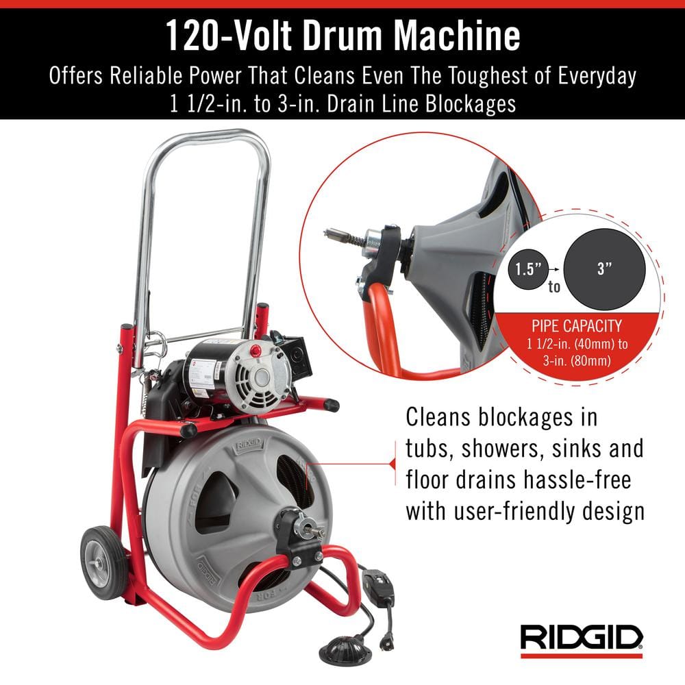 K-400 Máquina Desatascadora de Drenajes con Tambor de 120 Voltios con Cable C-32IW de 3/8 pulg. x 75 pies + Juego de Herramientas de 4 Piezas y Guantes 52363