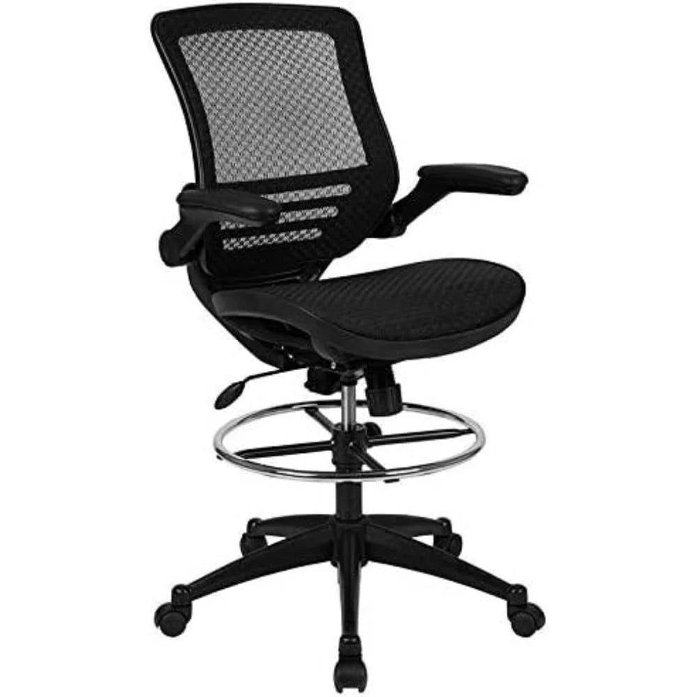 Silla de Dibujo Waylon con Respaldo Medio de Malla Negra Transparente y Estructura Dorada Melrose con Reposabrazos Abatibles