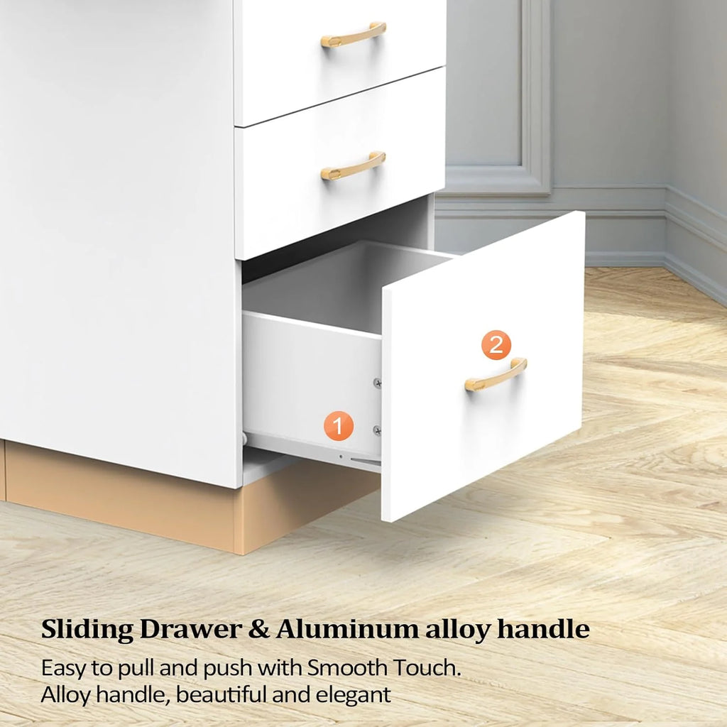 OmySalon Estación de Almacenamiento para Salones – Mueble de Peluquería con 3 Cajones, Compartimento de Almacenamiento y 3 Soportes para Secadores – Color Oro Blanco