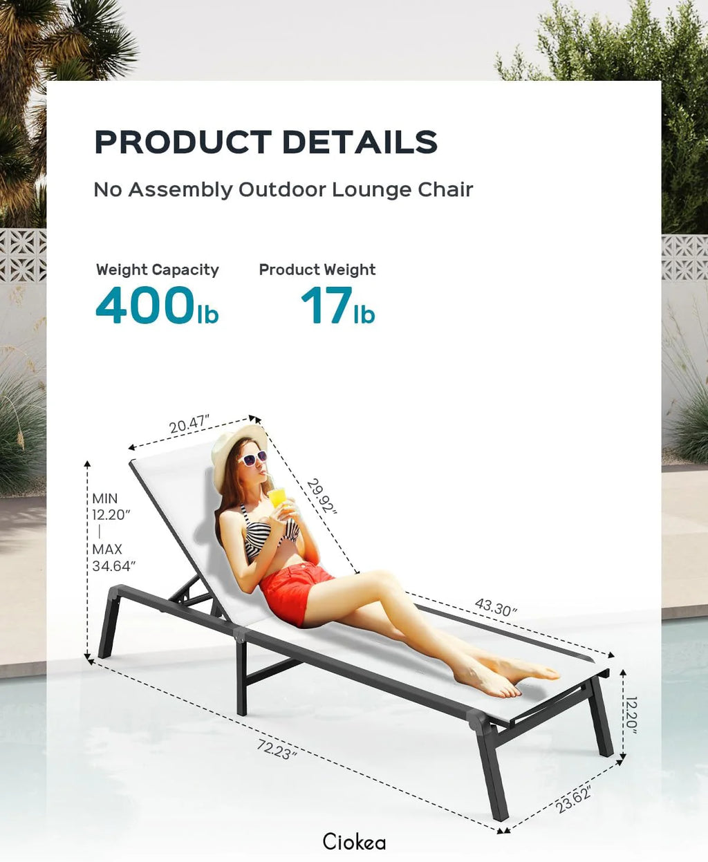 Tumbona de Aluminio para Exterior – Silla de Jardín Plegable sin Montaje, con Respaldo Ajustable en 5 Posiciones, para Terraza, Piscina, Playa – Negra