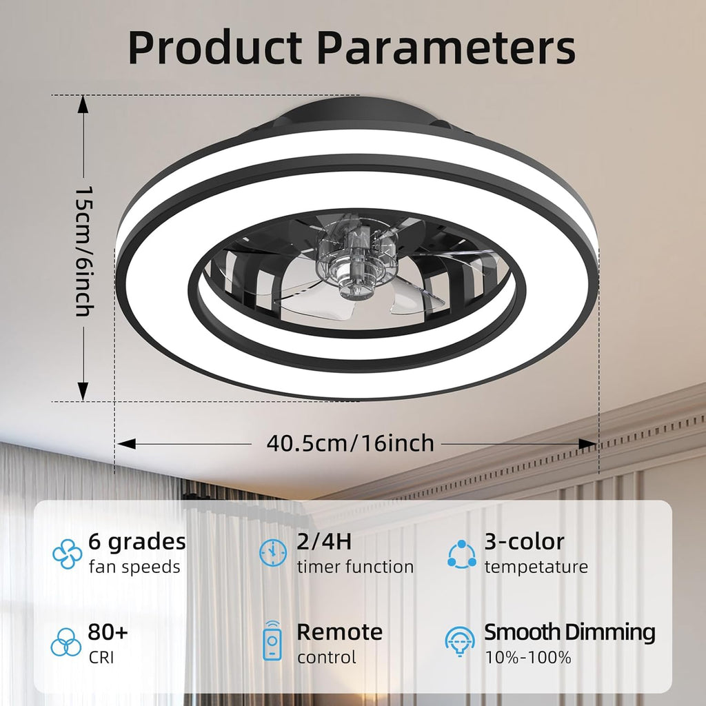 Ventilador de Techo con Luz 40.5 cm, Ventilador Silencioso de 20 W, Regulable 3000K-4000K-6500K, 6 Velocidades con Control Remoto, Temporizador, Memoria de Luz, Ventilador Reversible