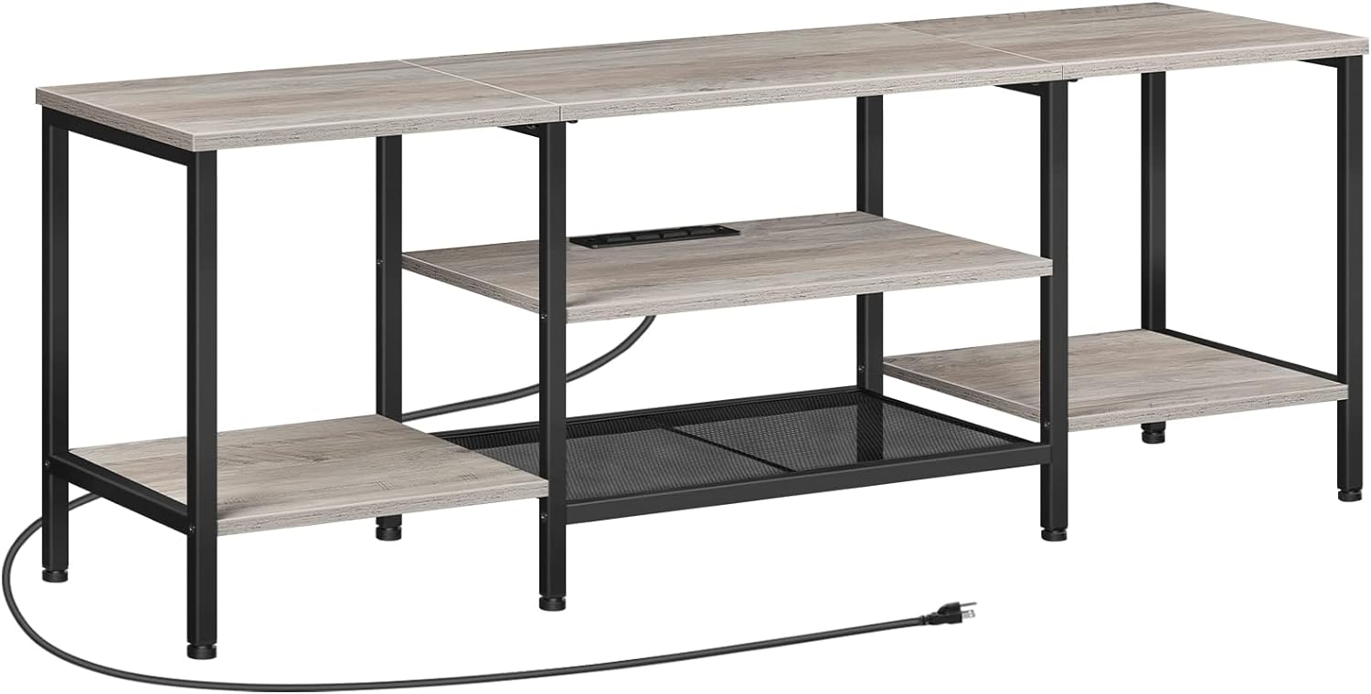 Mueble para TV con Enchufes Integrados para TVs de hasta 75 Pulgadas, Mesa Consola con Estantes Abiertos, Centro de Entretenimiento Industrial para Sala o Dormitorio, Color Marrón Rústico y Negro BF60DS01