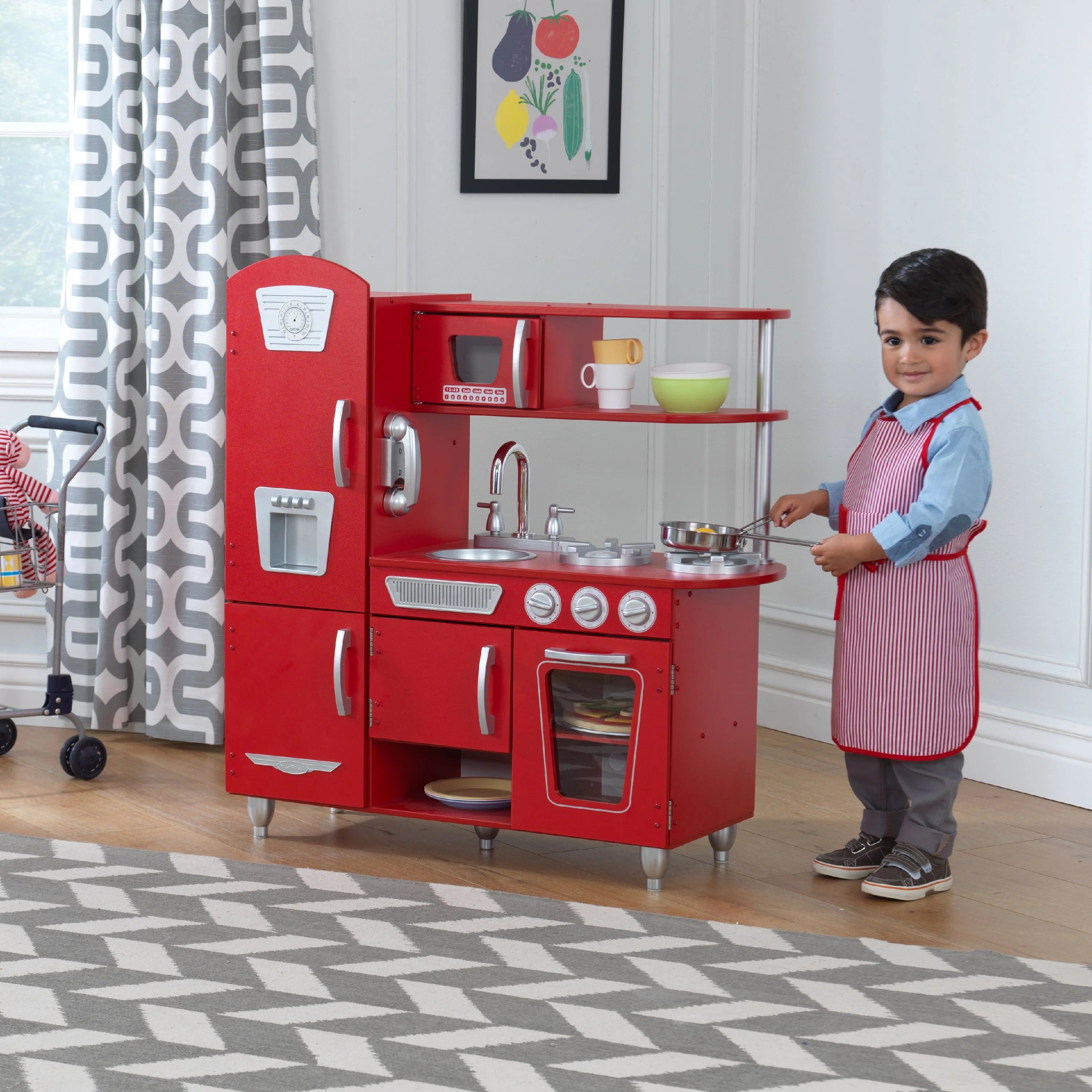 2025 Cocina de Juguete KidKraft Vintage Roja de Madera con Teléfono de Juguete