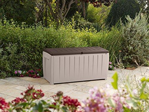 Keter Novel Contenedor de Almacenamiento de Plástico para Deck, Caja de Almacenaje Exterior, Muebles de Patio, 90 Galones, Marrón