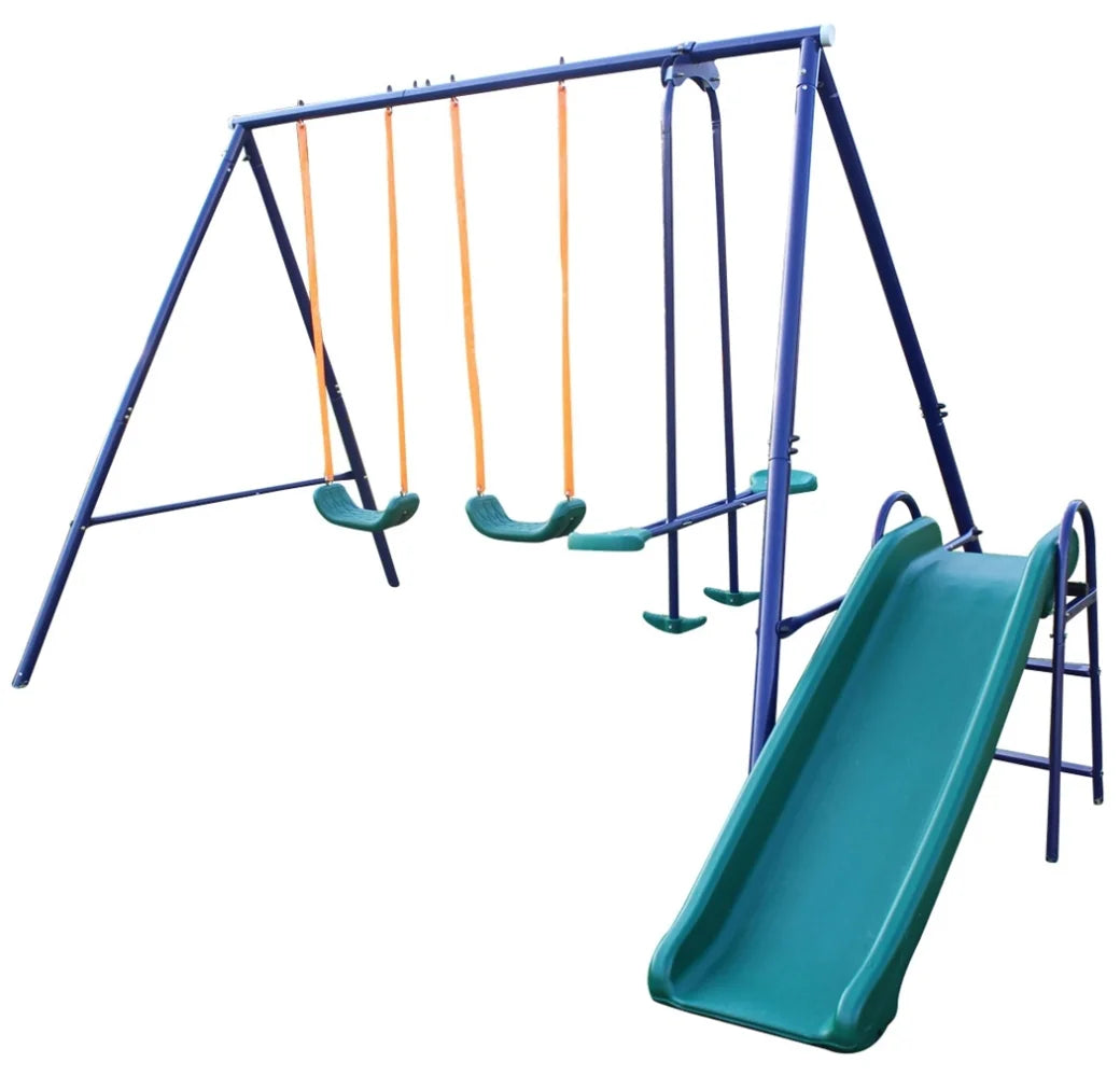 2025 Set de columpios con estructura metálica en A, resbaladilla y columpios curvados en forma de U para jardín, azul/verde/naranja
