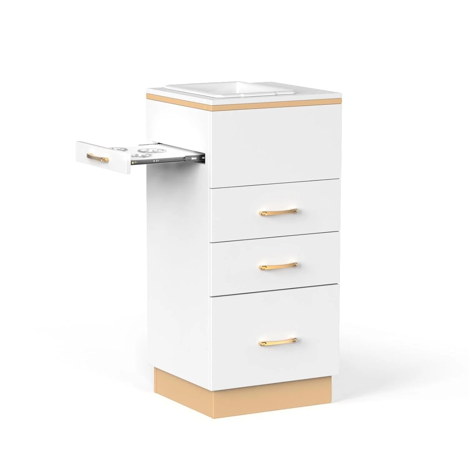 OmySalon Estación de Almacenamiento para Salones – Mueble de Peluquería con 3 Cajones, Compartimento de Almacenamiento y 3 Soportes para Secadores – Color Oro Blanco