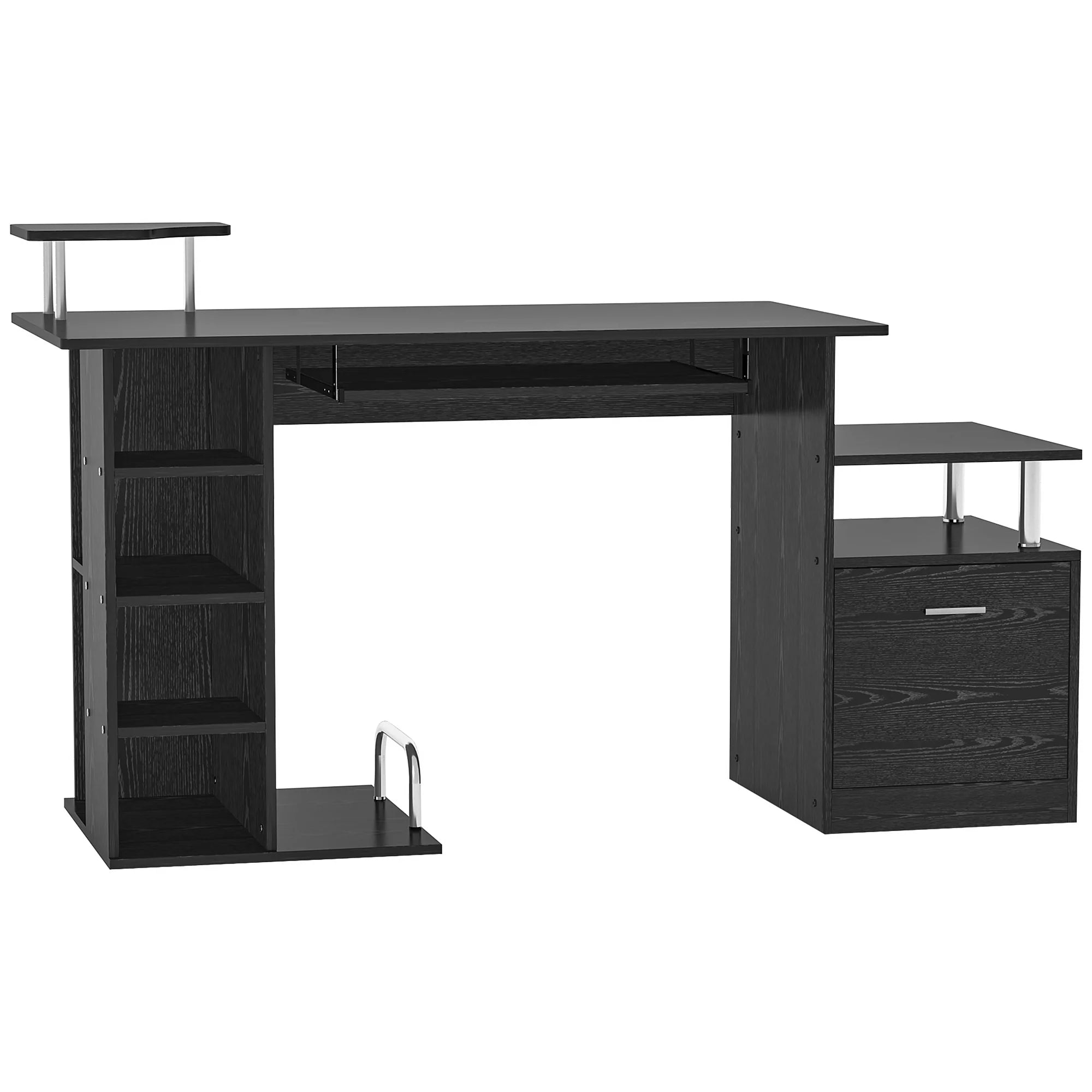 Estación de Trabajo para Ordenador con Cajón y Estanterías, Soporte para CPU, Escritorio para Oficina en Casa, Negro