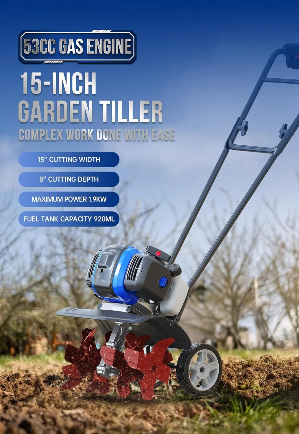 Cultivador de Jardín de 53cc – Mini Cultivador de 15 Pulgadas con Palanca Reforzada Desmontable, Herramienta de Labranza para Céspedes, Jardines y Campos