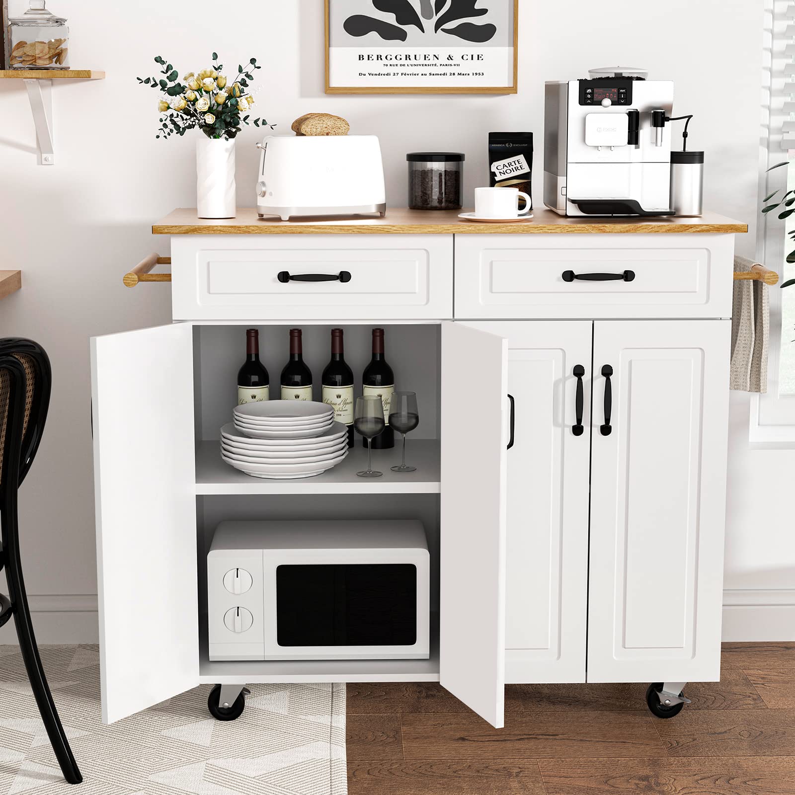 4 EVER WINNER Isla de Cocina Blanca con Almacenamiento sobre Ruedas, Carrito de Cocina Móvil con 2 Cajones y 4 Gabinetes de Almacenaje, Encimera de Madera, Barras para Toallas, Estantes Ajustables