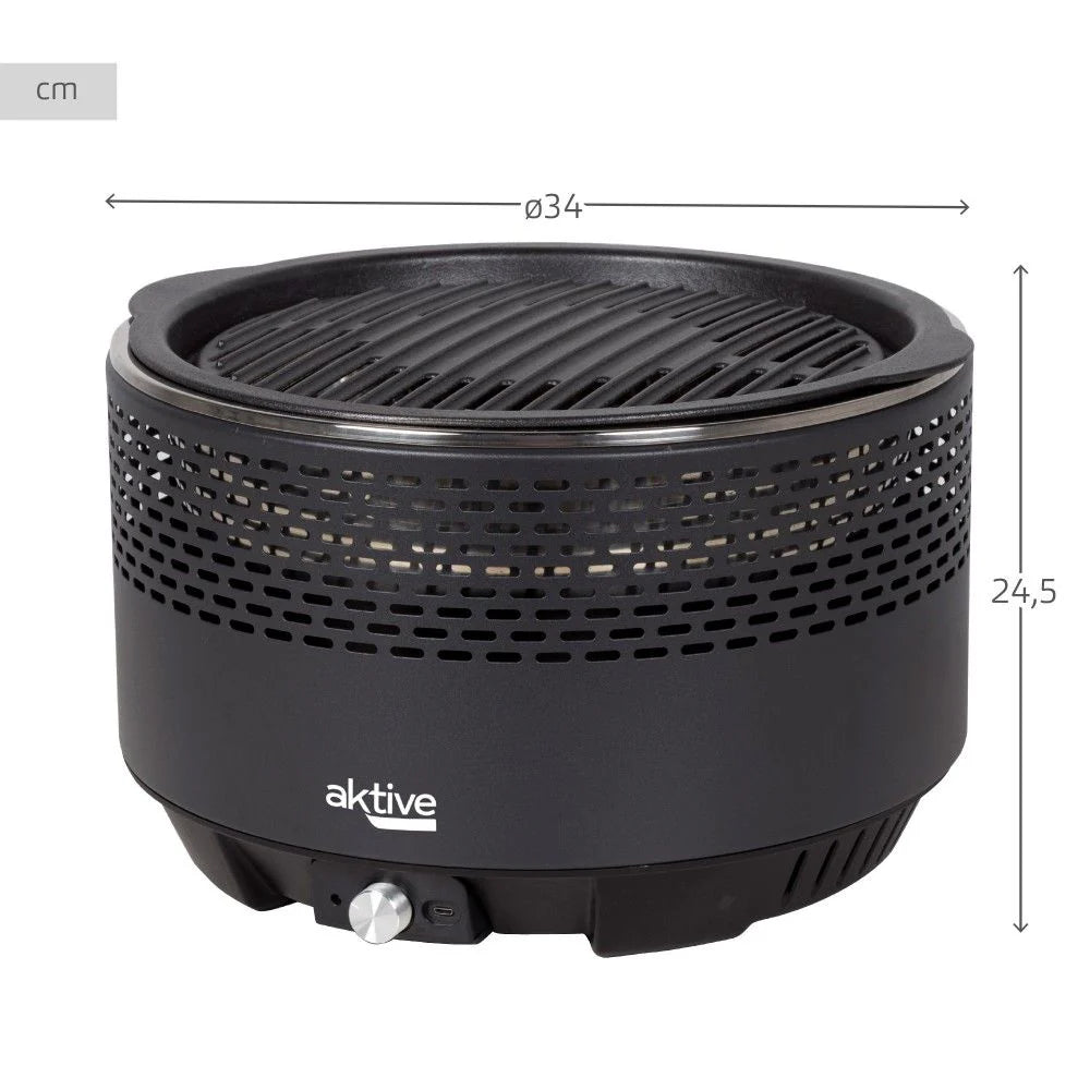 Barbacoa Portátil Negra A Carbón Sin Humo Aktive, Ø34x21,5cm, Con Protección Antigoteo