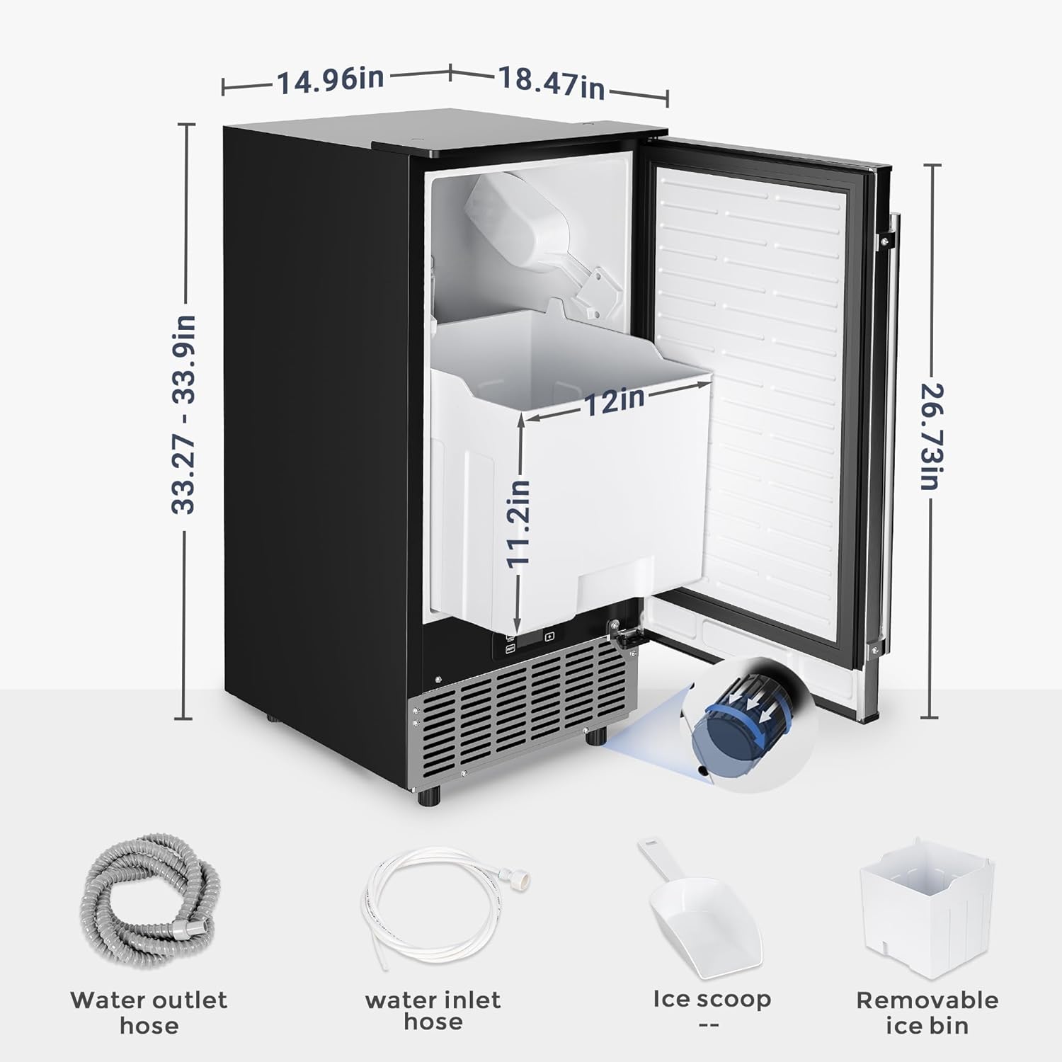 Máquina de Hielo Comercial Bajo Mostrador, 80 lbs/día con 24 lbs de Almacenamiento de Hielo, Bomba de Drenaje Integrada/Limpieza Automática/Ajuste de Temporizador/Pantalla LCD Inteligente, Ideal para Uso Doméstico y Comercial