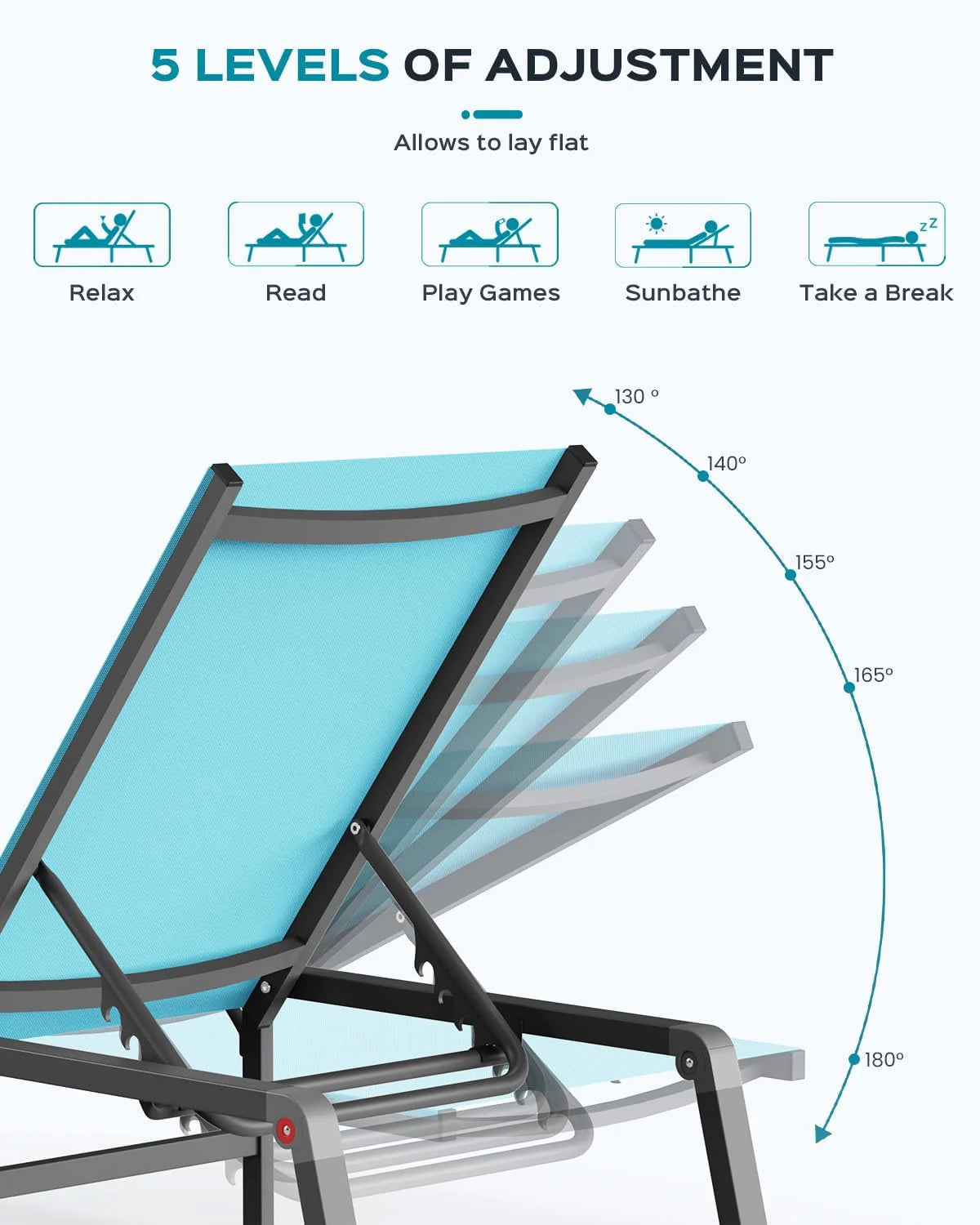 Tumbona de Aluminio para Exterior – Silla de Jardín Plegable sin Montaje, con Respaldo Ajustable en 5 Posiciones, para Terraza, Piscina, Playa – Negra