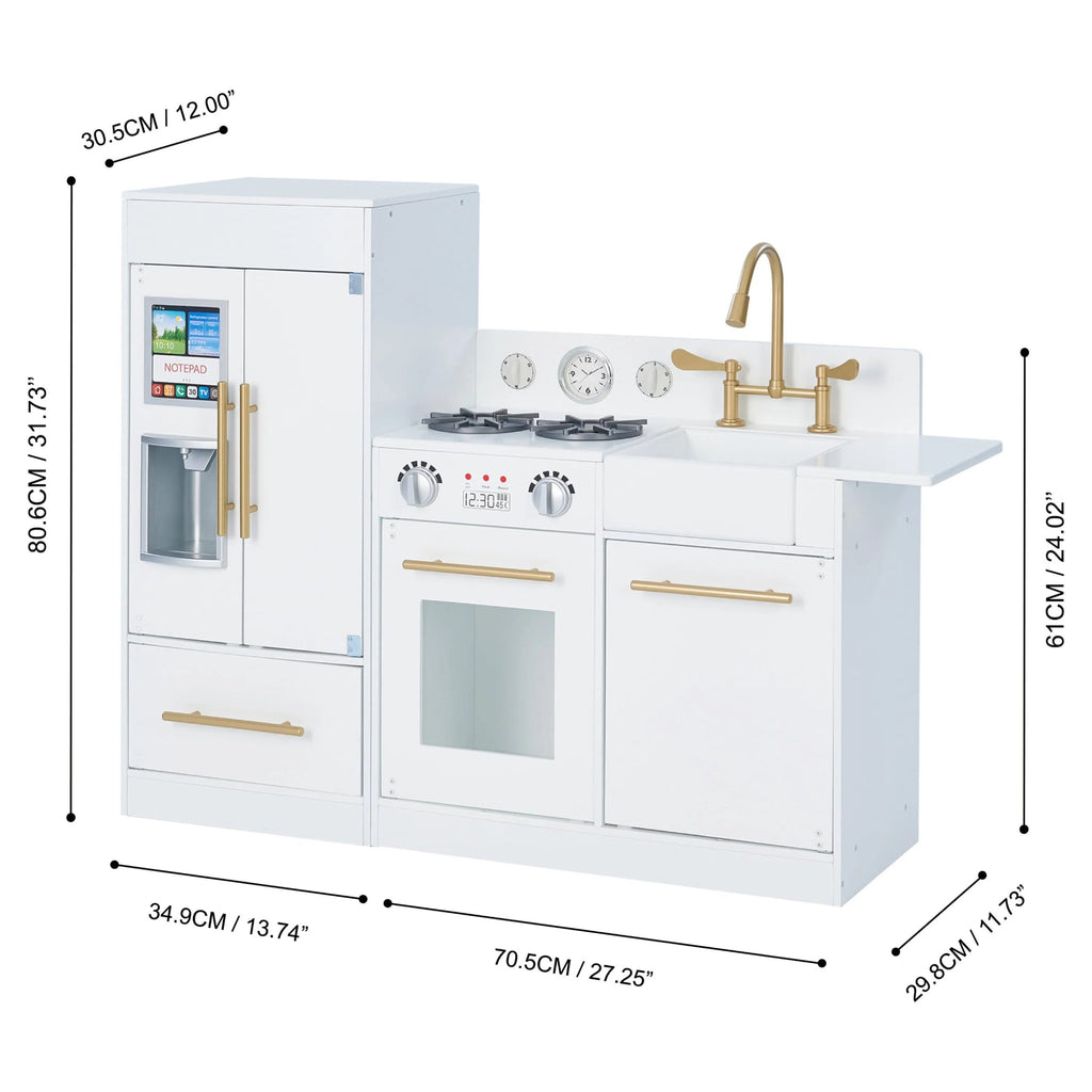 2025 Cocina Moderna para Niños Teamson Little Chef Charlotte con Refrigerador Independiente, Unidad de Cocina Separada y Características Interactivas, Blanca/Dorada