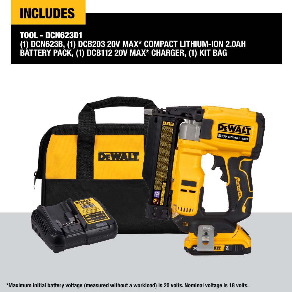 2025 Kit de Clavadora de Clavillos ATOMIC Compact Series 20V MAX 23 Gauge DCN623D1