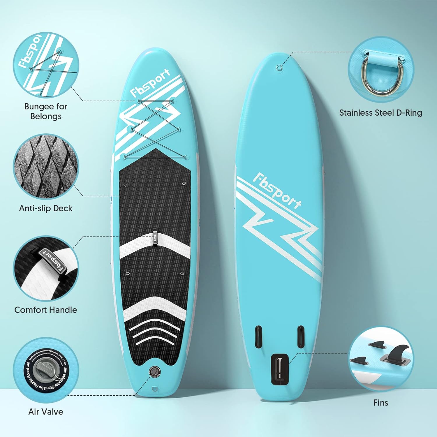 Tabla de Paddle Premium FBSPORT de 11 pulgadas, tabla de yoga con accesorios SUP y bolsa de transporte, postura ancha, control de surf, cubierta antideslizante, correa, remo y bomba para jóvenes y adultos