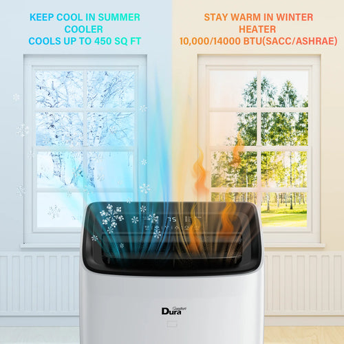 2025 Aire acondicionado portátil DuraComfort – Aire acondicionado, calefacción, deshumidificador y ventilador – 14,000 BTU (ASHRAE) / 10,400 BTU (SACC) – Hasta 450 pies² – Blanco