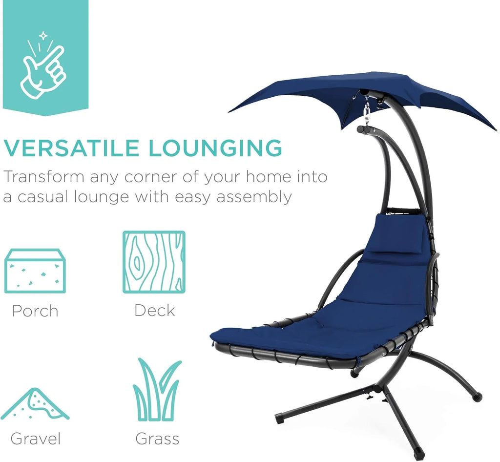 Chaise Longue Suspendue de Exterior Best Choice Products – Silla Balancín Curvada de Acero con Cojín Integrado y Toldo Desmontable – Gris Carbón