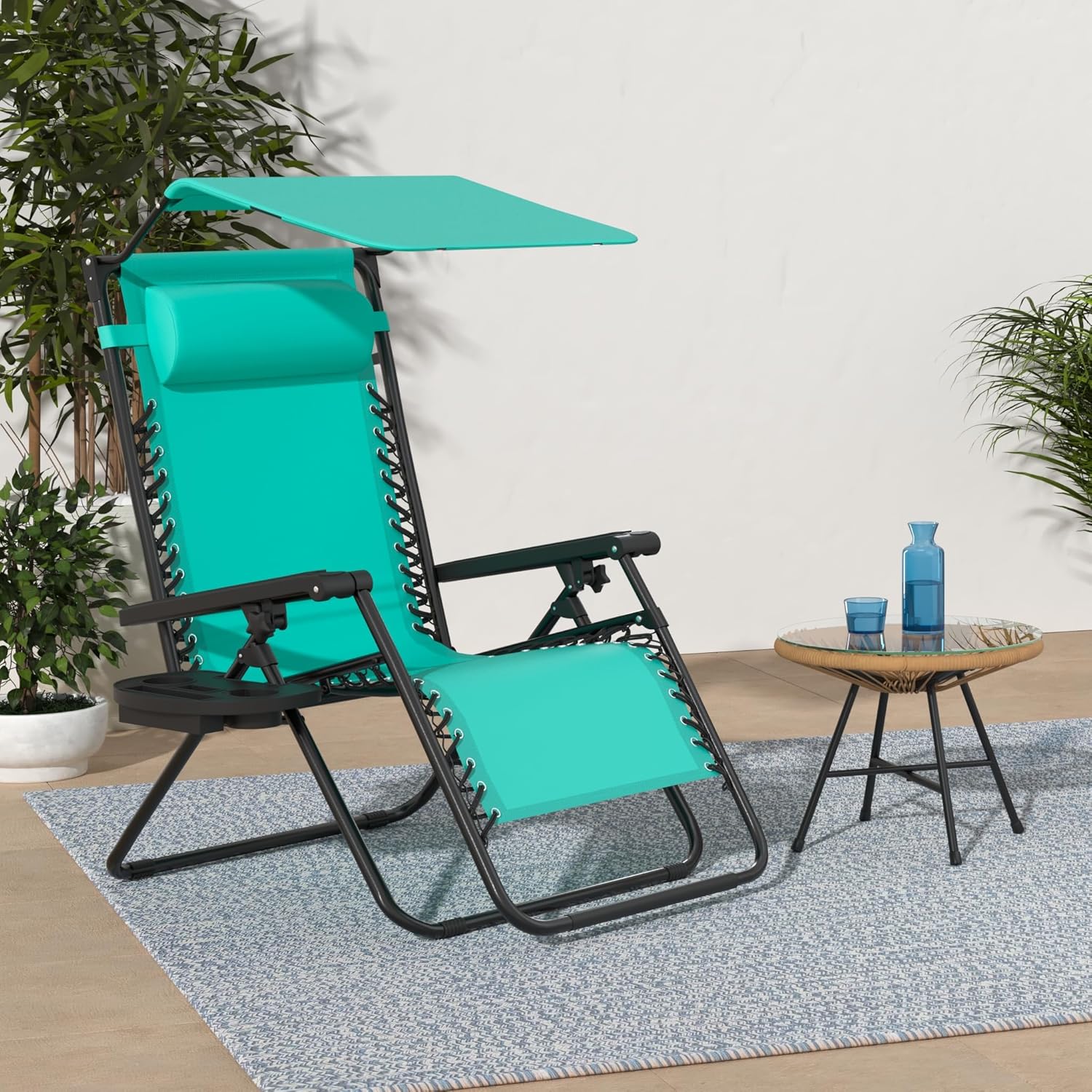 Best Choice Products – Silla Reclinable de Patio con Gravedad Cero, Ajustable y Plegable para Exteriores con Dosel, Almohada Cervical y Bandeja Lateral, Textileno – Azul Pavo Real