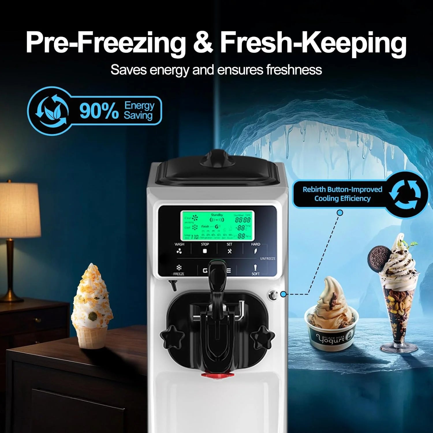 Máquina de helado italiano GSEICE – Capacidad de 12 L (3,2 galones), monofunción, de instalación libre con función de preenfriamiento – Ideal para el hogar, escuelas, tiendas o uso comercial