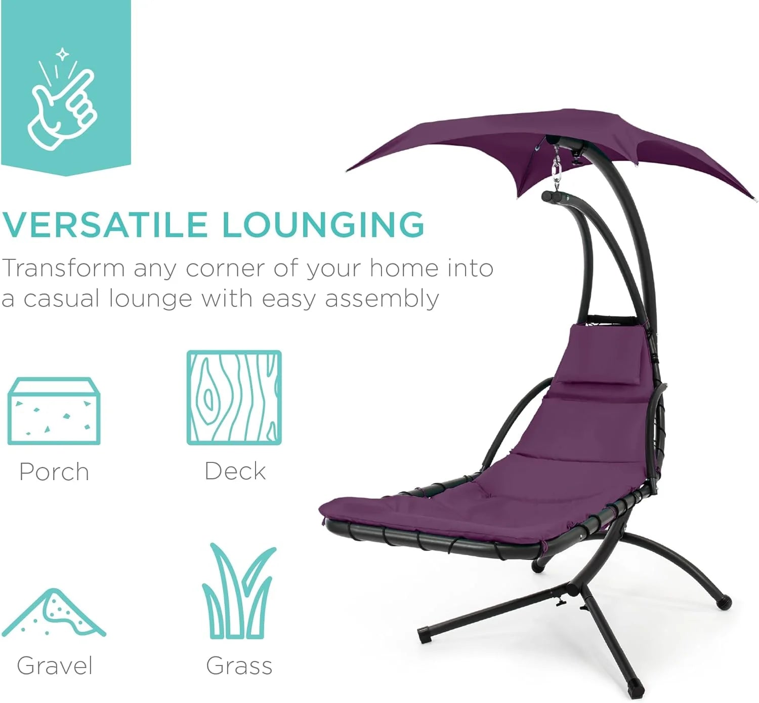 Chaise Longue Suspendue de Exterior Best Choice Products – Silla Balancín Curvada de Acero con Cojín Integrado y Toldo Desmontable – Gris Carbón