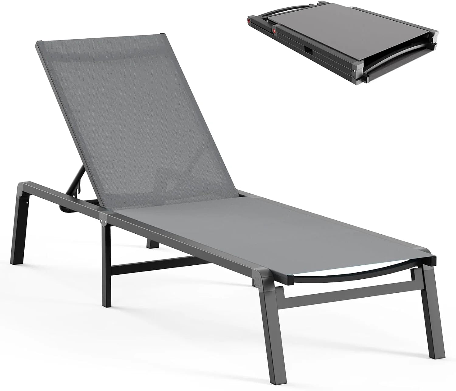 Tumbona de Aluminio para Exterior – Silla de Jardín Plegable sin Montaje, con Respaldo Ajustable en 5 Posiciones, para Terraza, Piscina, Playa – Negra