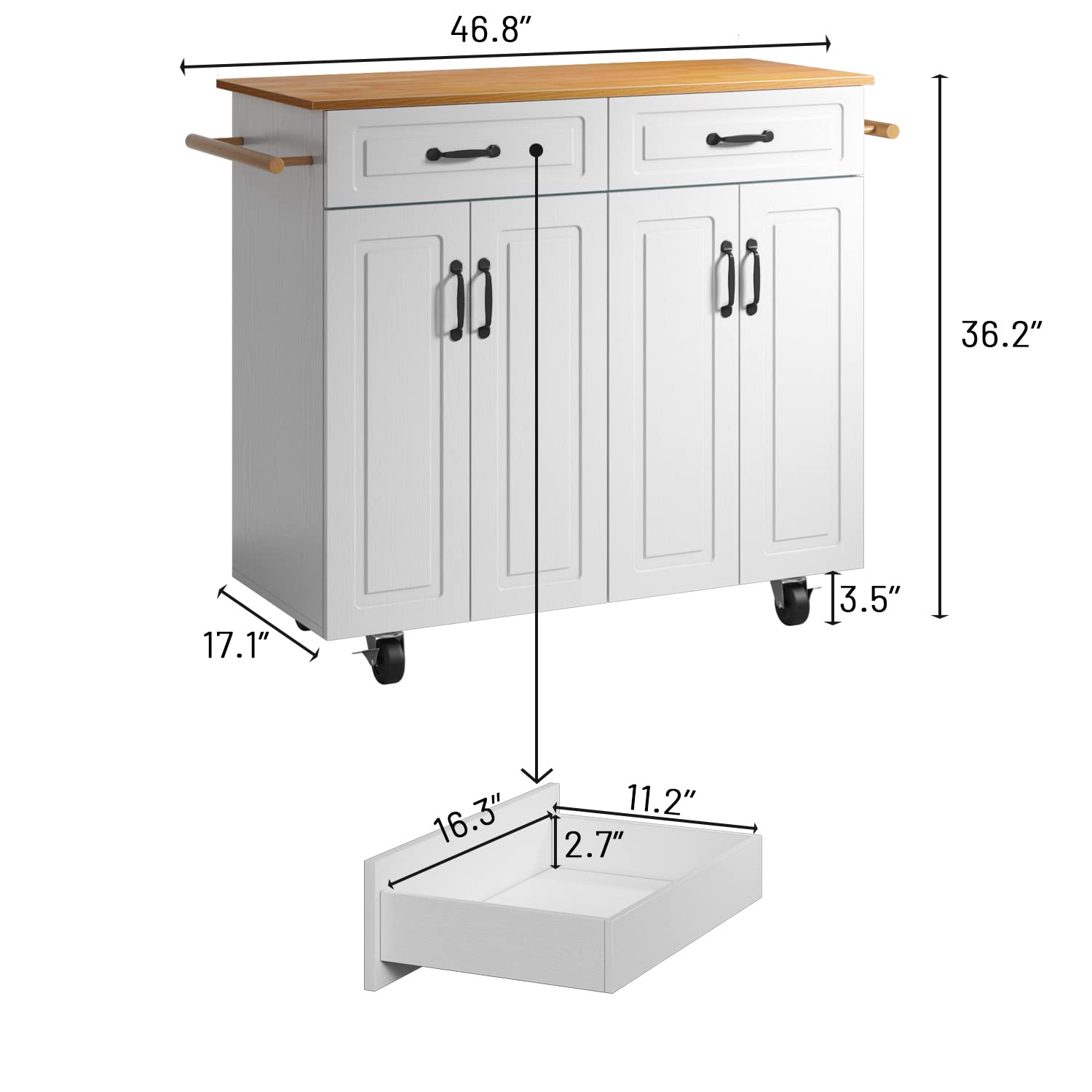 4 EVER WINNER Isla de Cocina Blanca con Almacenamiento sobre Ruedas, Carrito de Cocina Móvil con 2 Cajones y 4 Gabinetes de Almacenaje, Encimera de Madera, Barras para Toallas, Estantes Ajustables
