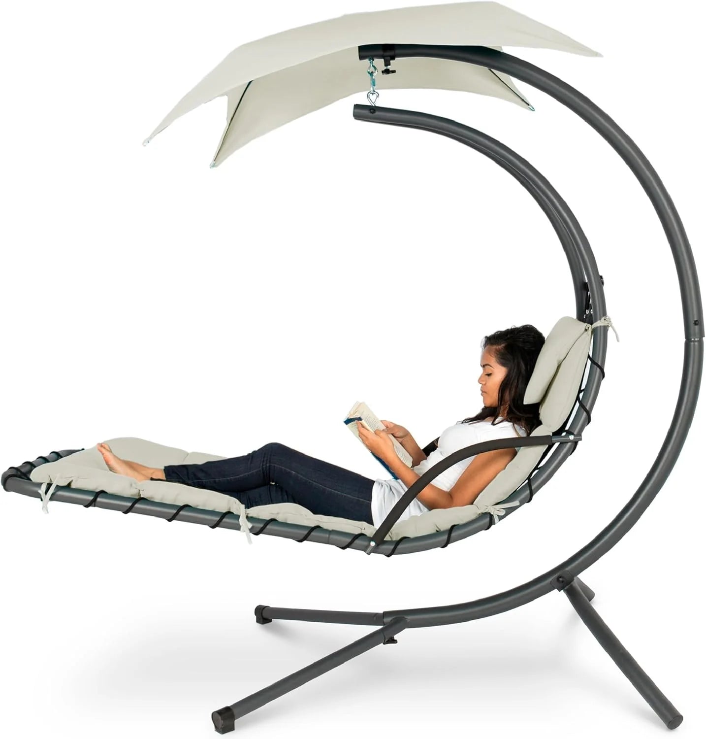 Chaise Longue Suspendue de Exterior Best Choice Products – Silla Balancín Curvada de Acero con Cojín Integrado y Toldo Desmontable – Gris Carbón