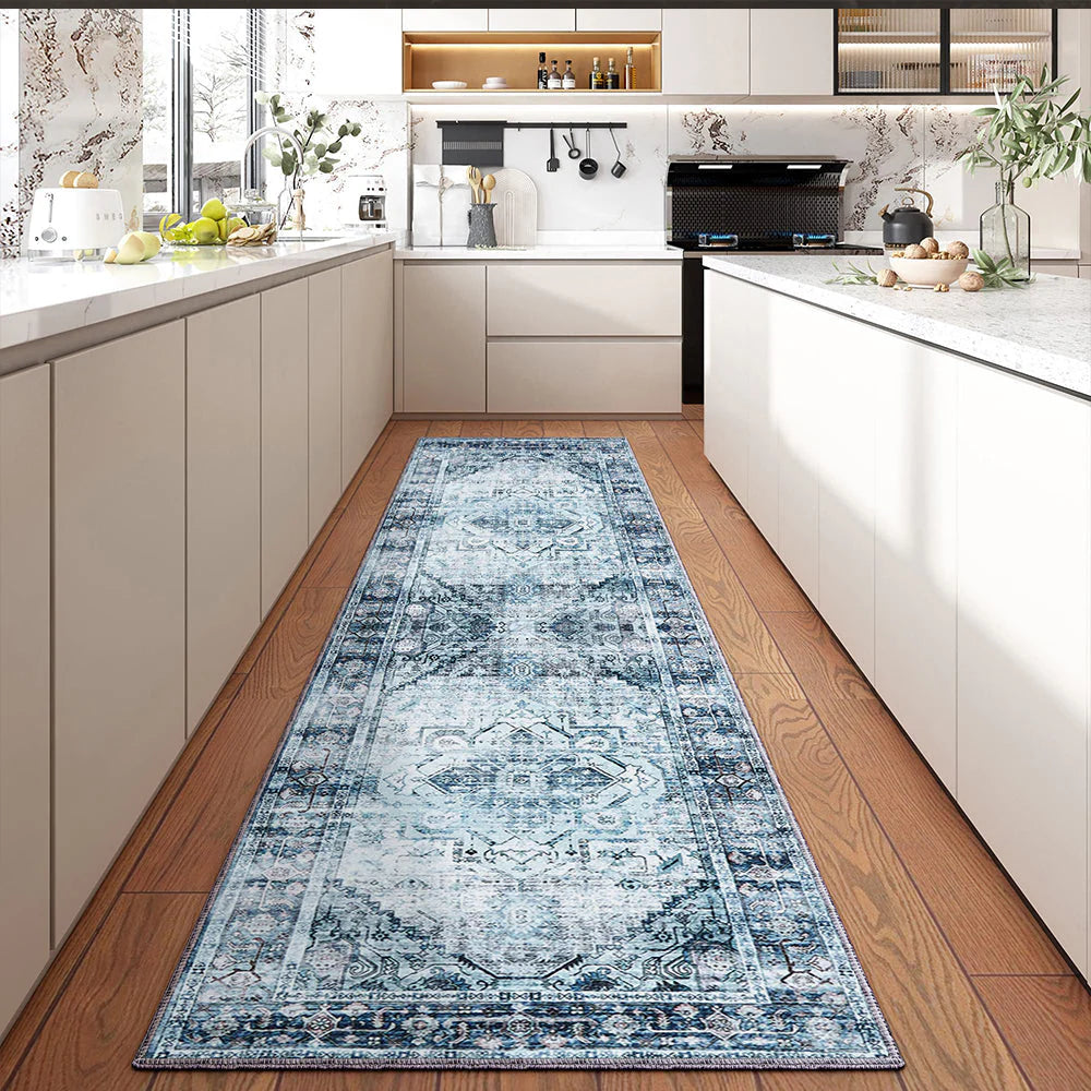 Alfombra Vintage Grande Lavable 9x12 Azul de Pelo Corto con Motivo Floral para Interior