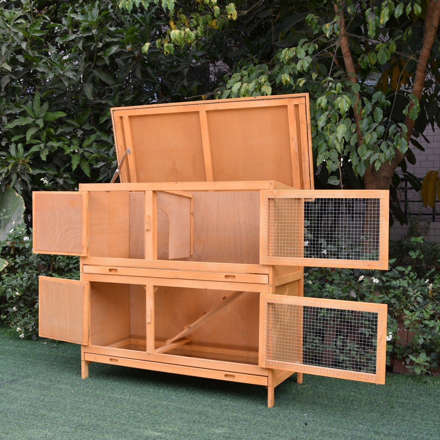 Jaula de Madera Sólida para Conejos PawHut con Dos Habitaciones Grandes, Amarilla