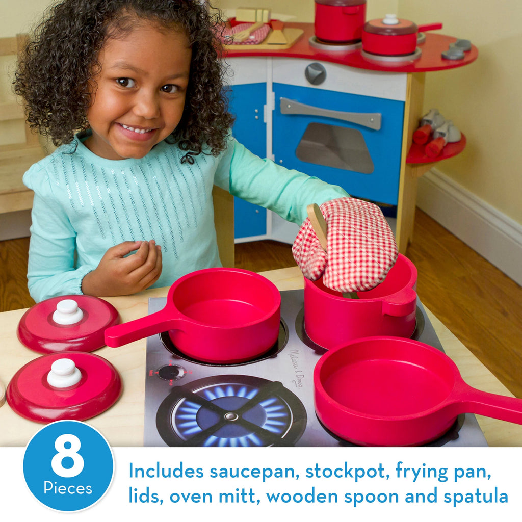 Melissa & Doug Set de Juego de Accesorios de Cocina de Madera Deluxe – Ollas y Sartenes (8 piezas)